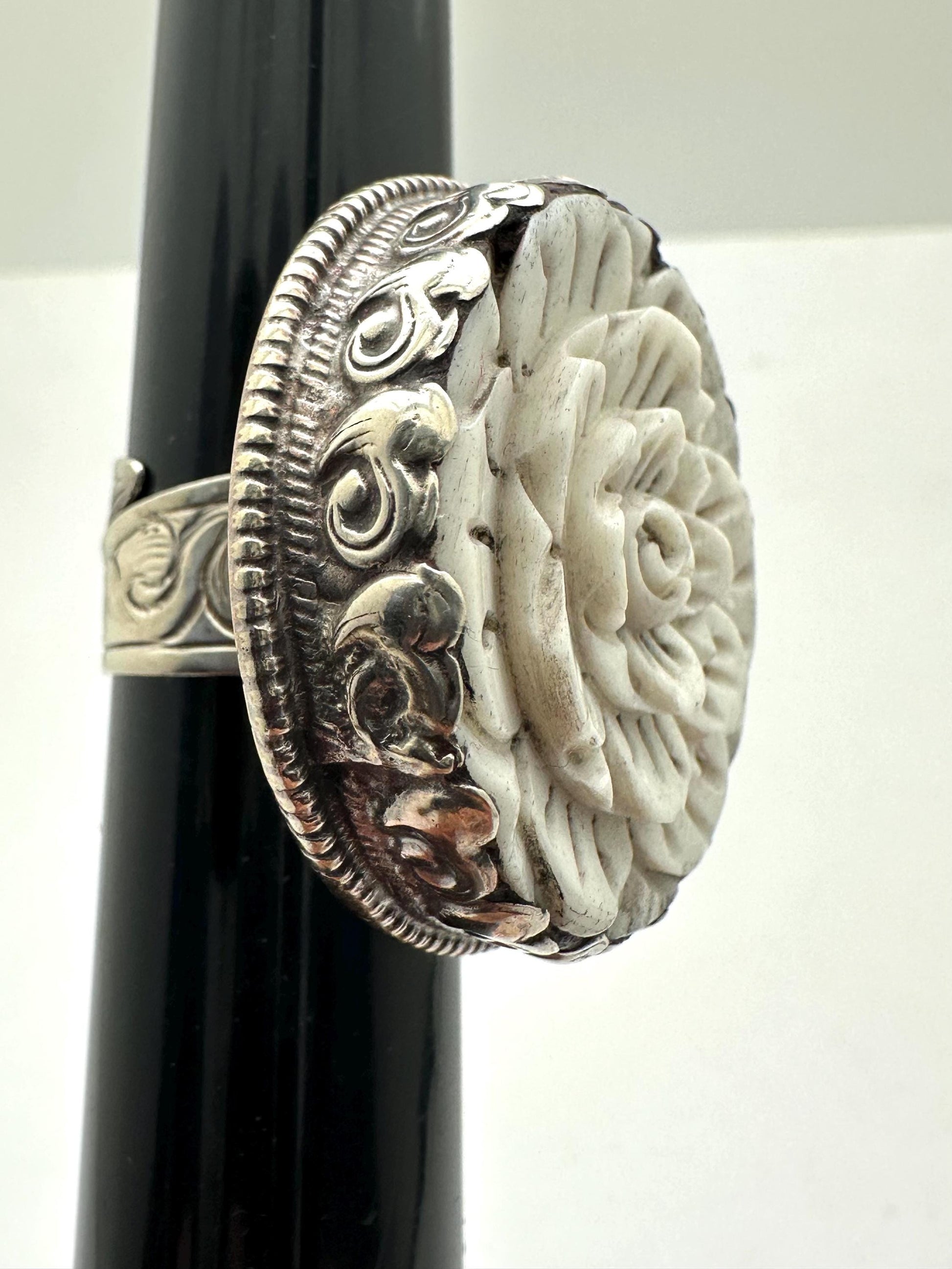 Bone carved flower,adjustable ring,handcrafted, Tibetan silver,Nepalese
