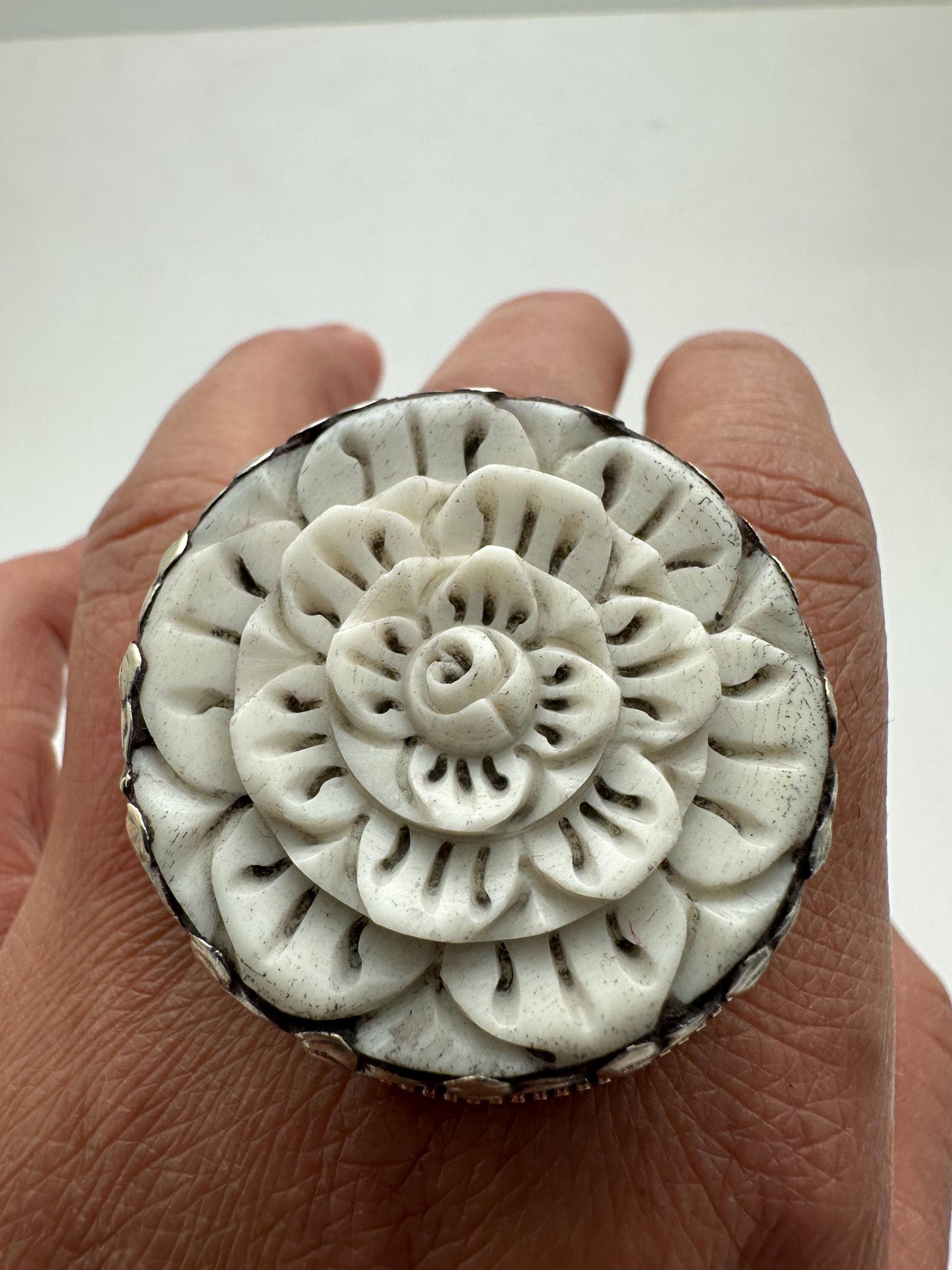 Bone carved flower,adjustable ring,handcrafted, Tibetan silver,Nepalese
