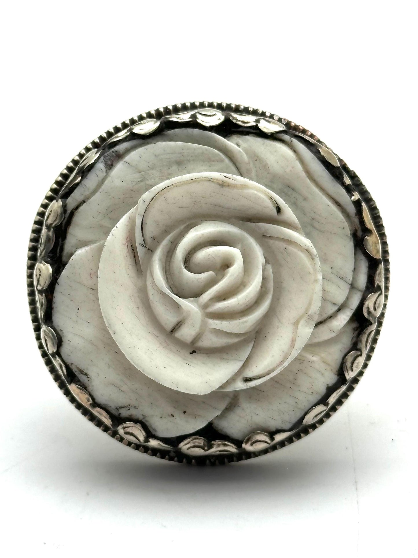 Bone carved rose ring,handcrafted,Tibetan silver,adjustable,ethnic style ,Nepalese