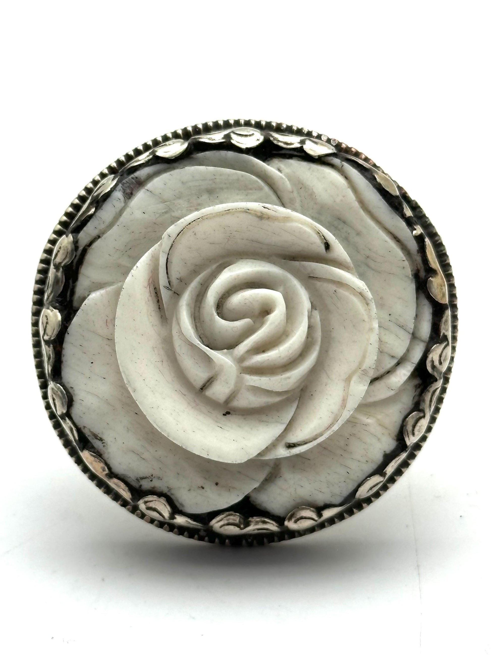 Bone carved rose ring,handcrafted,Tibetan silver,adjustable,ethnic style ,Nepalese