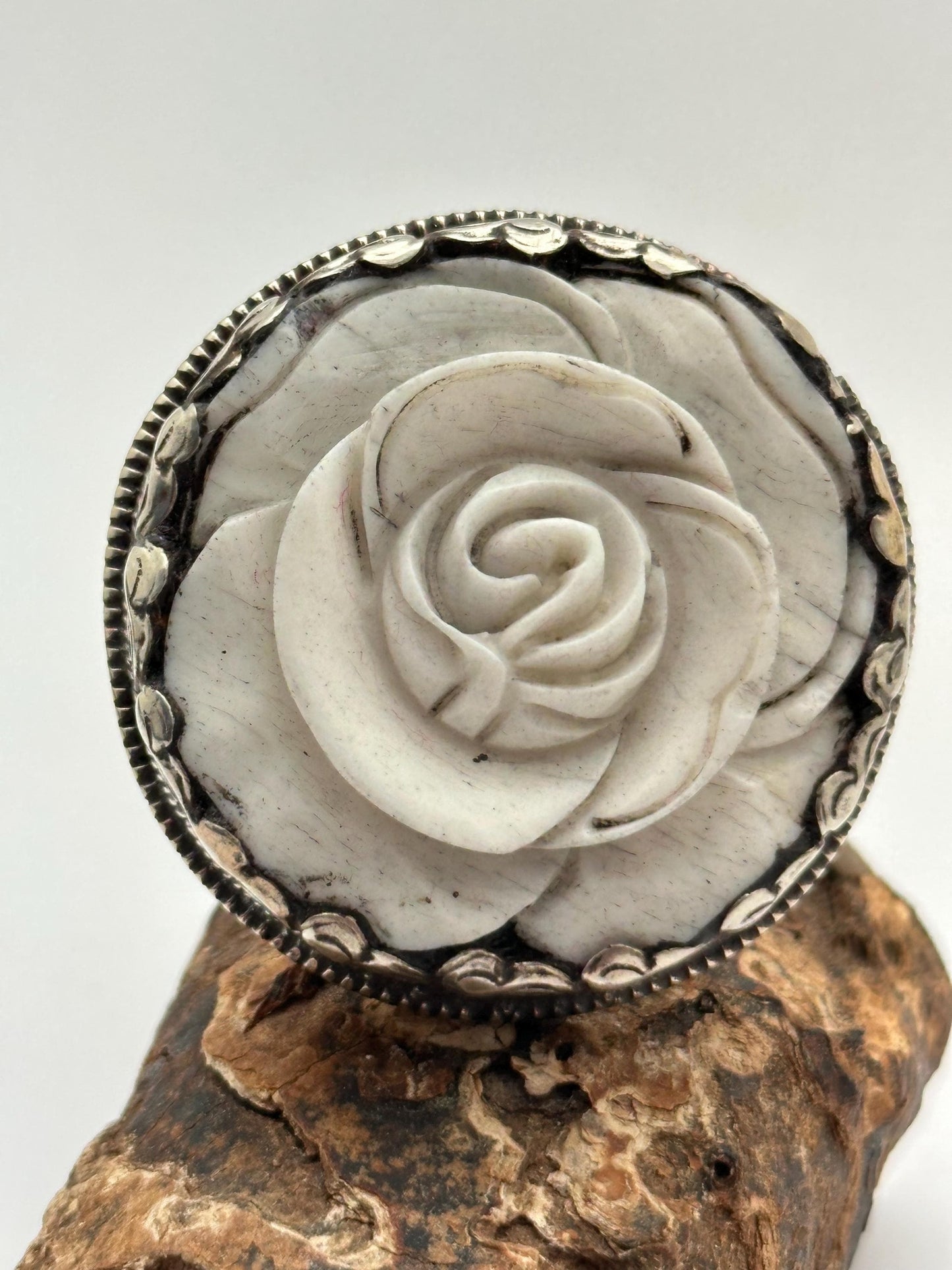 Bone carved rose ring,handcrafted,Tibetan silver,adjustable,ethnic style ,Nepalese