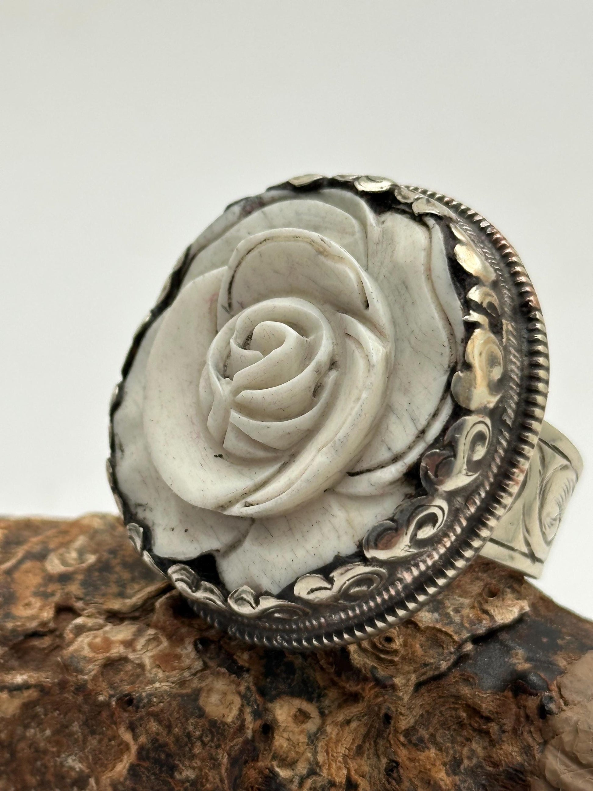 Bone carved rose ring,handcrafted,Tibetan silver,adjustable,ethnic style ,Nepalese