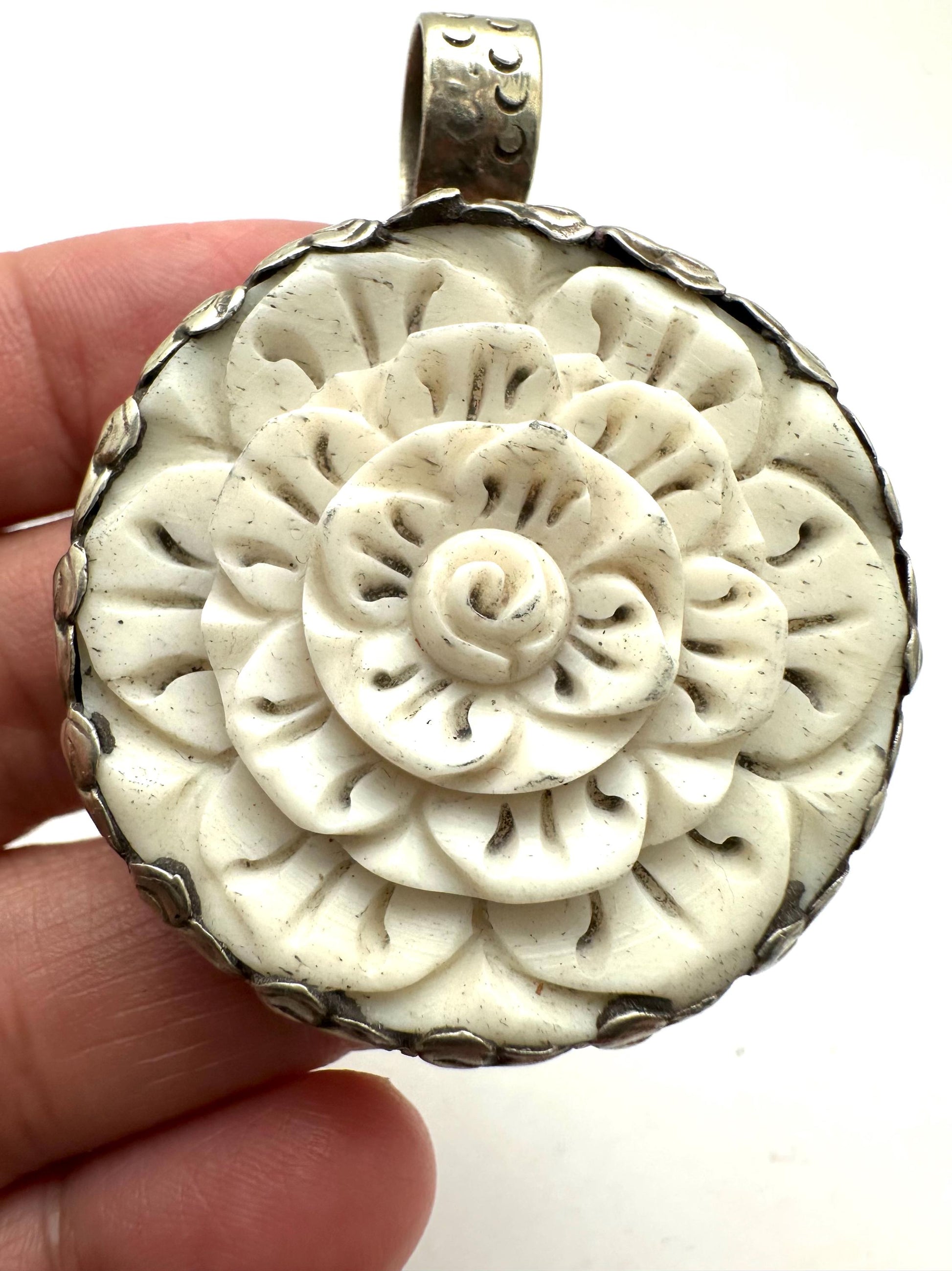 Bone carved flower pendant, handcrafted, Tibetan repousse silver,52.9mmX40.6mm