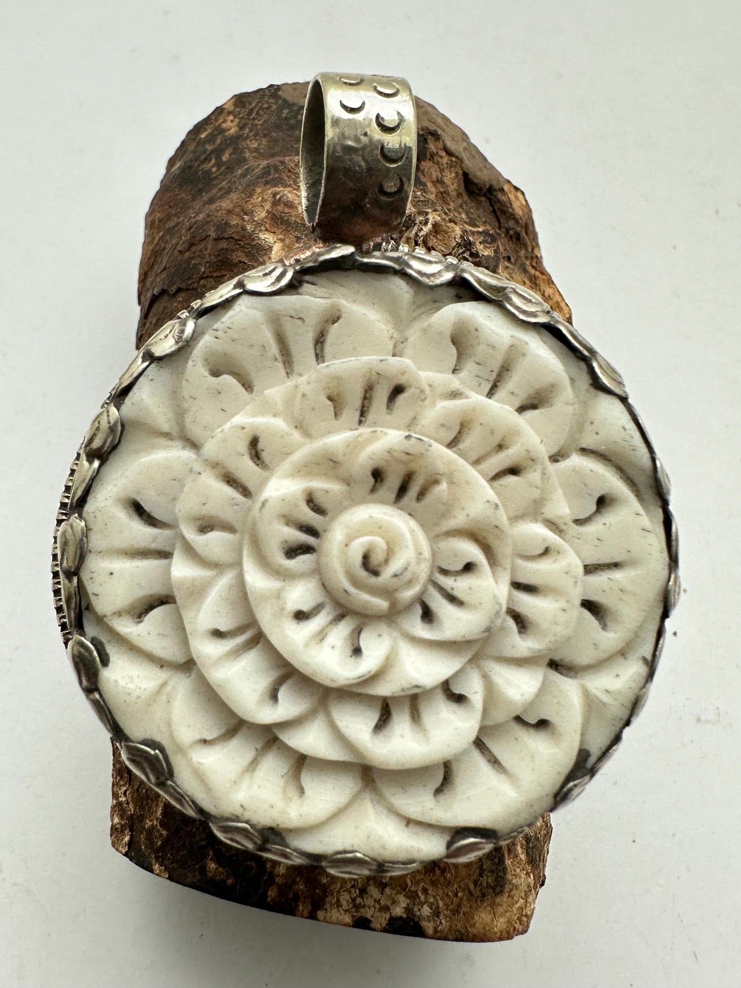 Bone carved flower pendant, handcrafted, Tibetan repousse silver,52.9mmX40.6mm