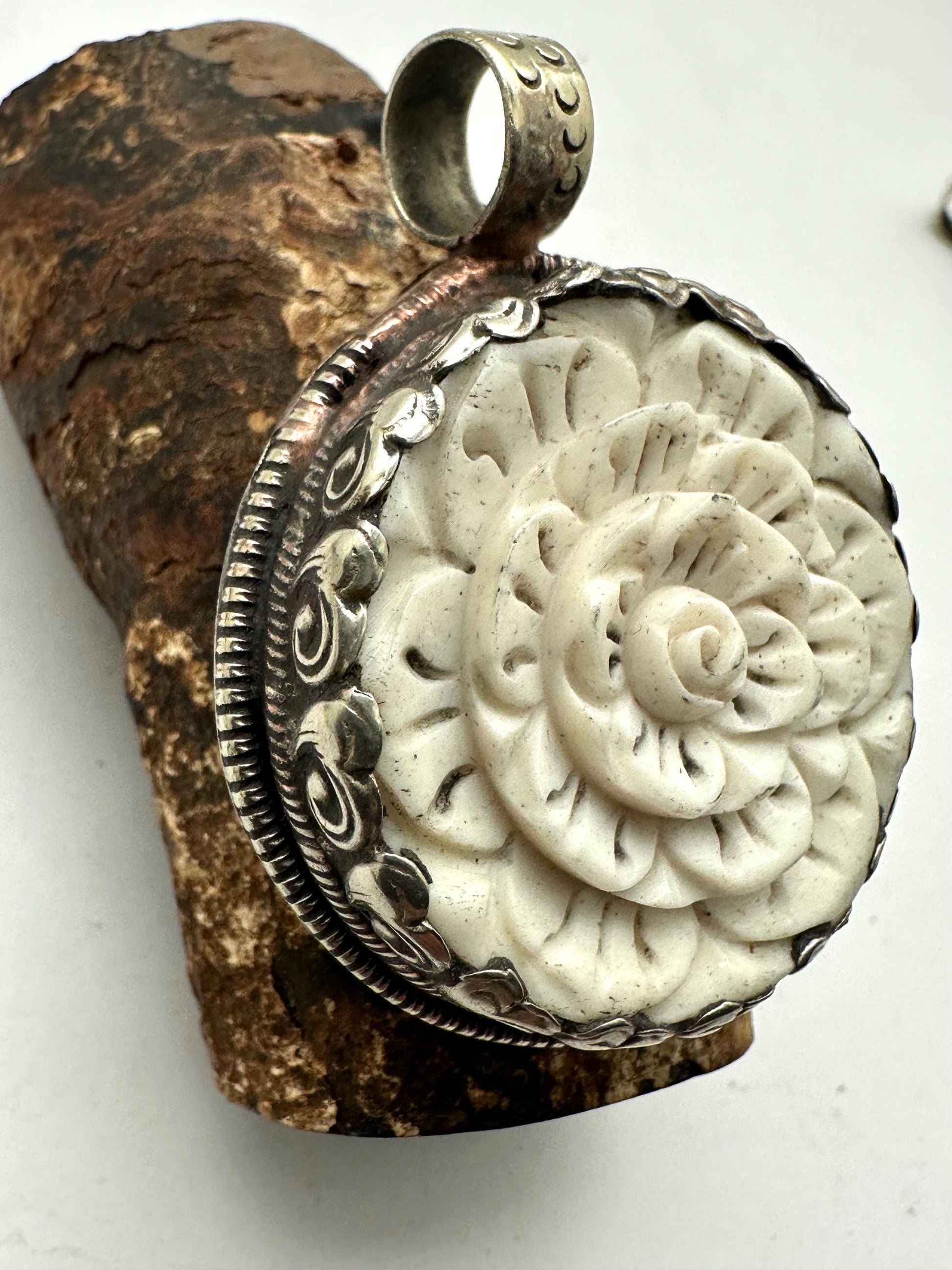 Bone carved flower pendant, handcrafted, Tibetan repousse silver,52.9mmX40.6mm