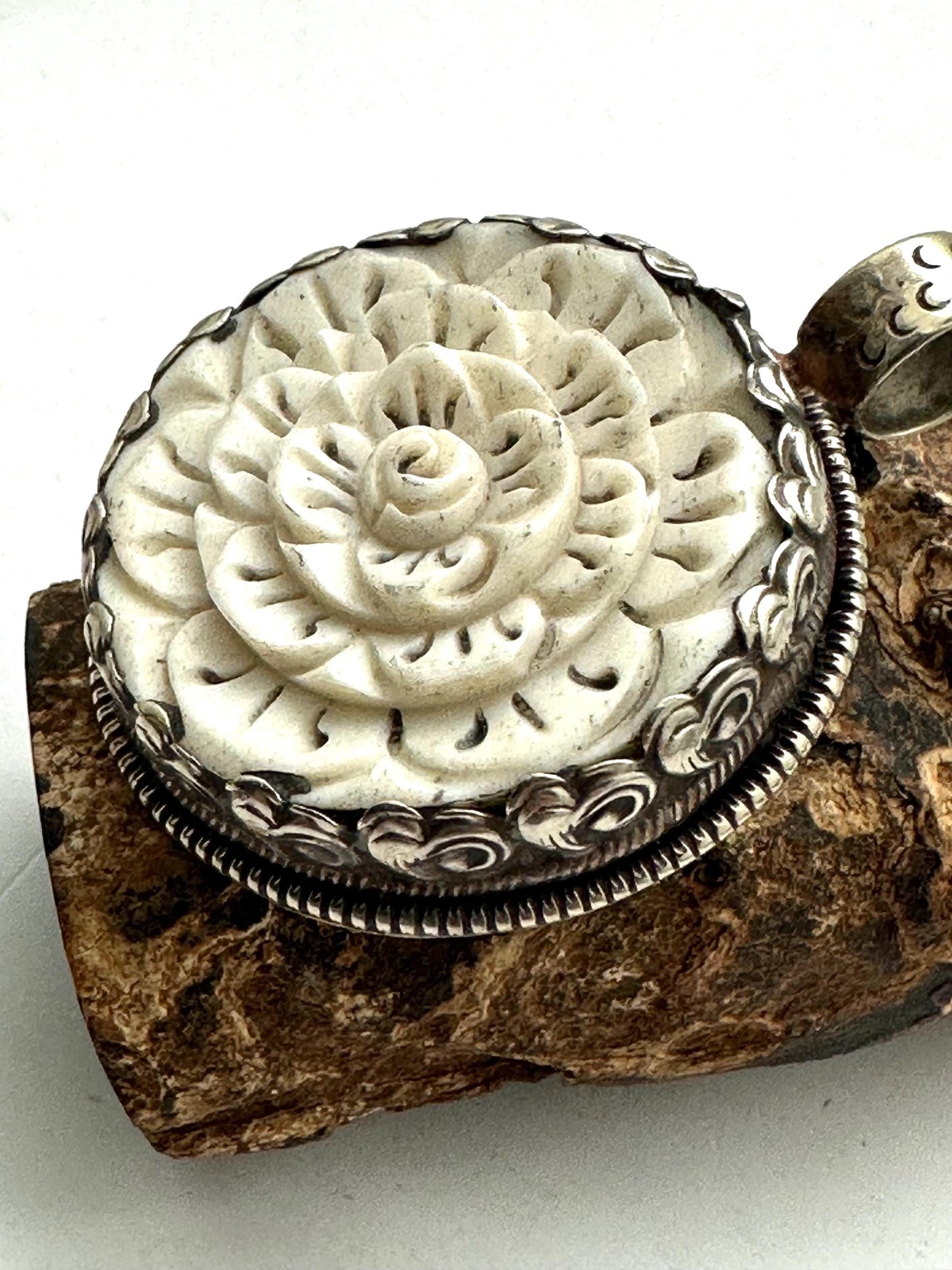 Bone carved flower pendant, handcrafted, Tibetan repousse silver,52.9mmX40.6mm