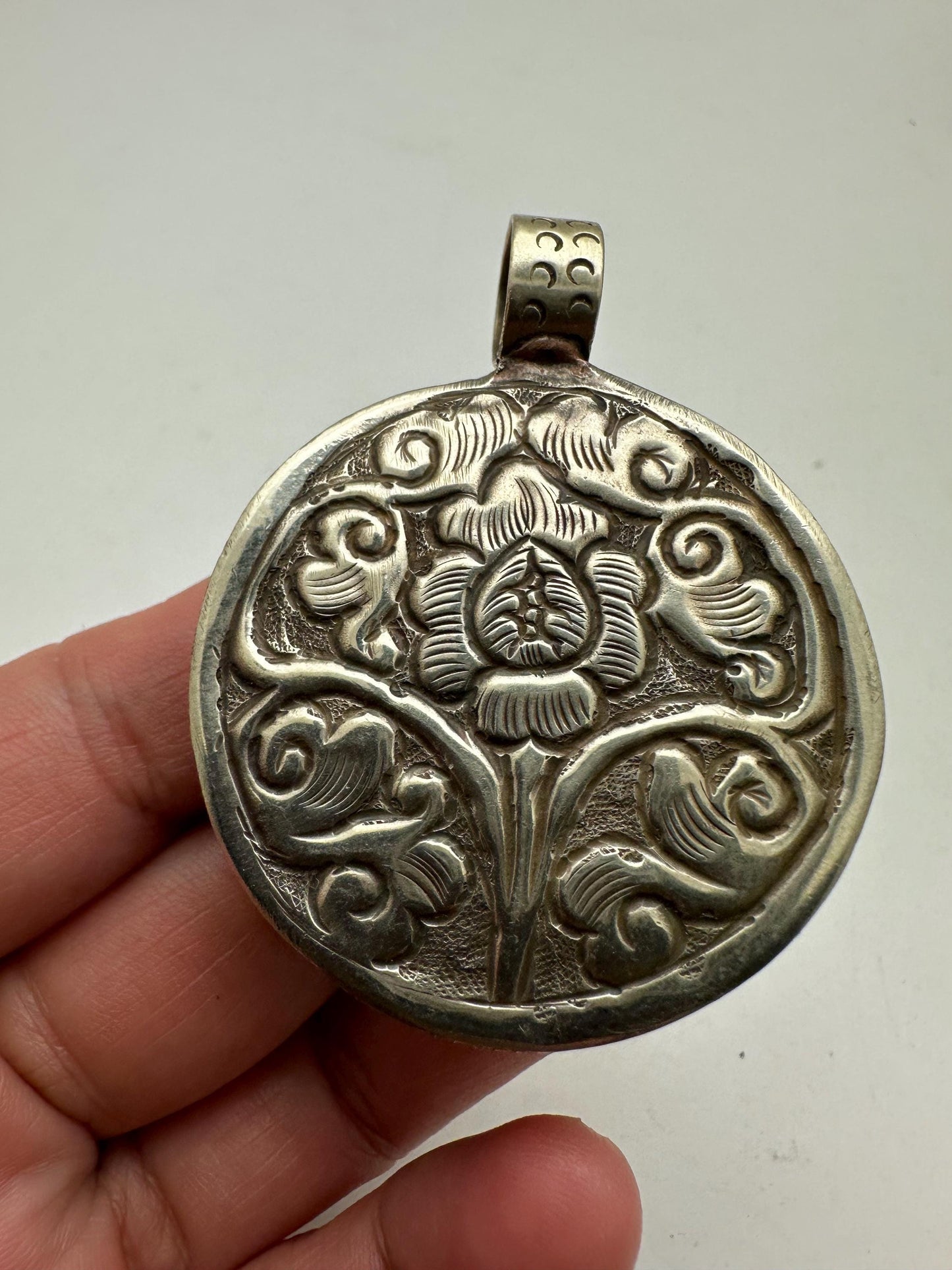 Bone carved flower pendant, handcrafted, Tibetan repousse silver,52.9mmX40.6mm