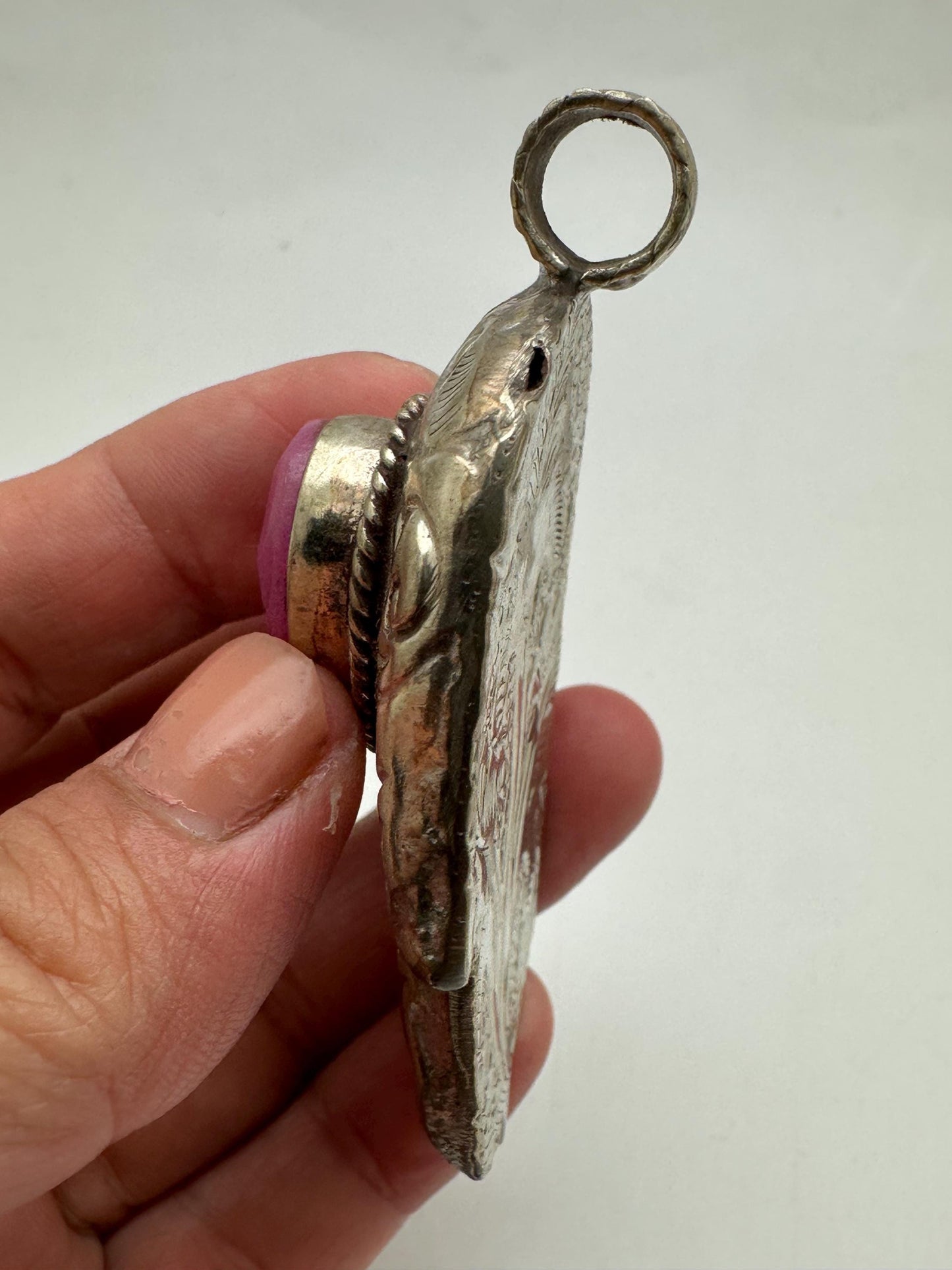Hamsa pendant,handcrafted, Tibetan silver,pink stone,69mmX39mm and weighs about 29gm