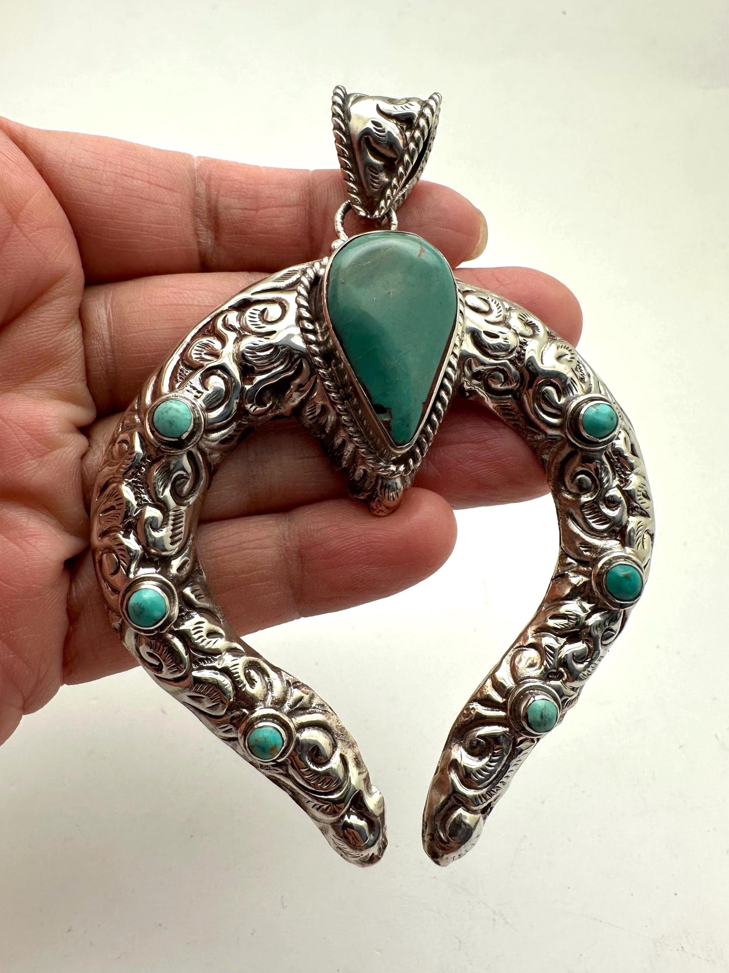 Natural turquoise squash blossom pendant, handcrafted, Tibetan repousse silver,87.5X66.6 mm