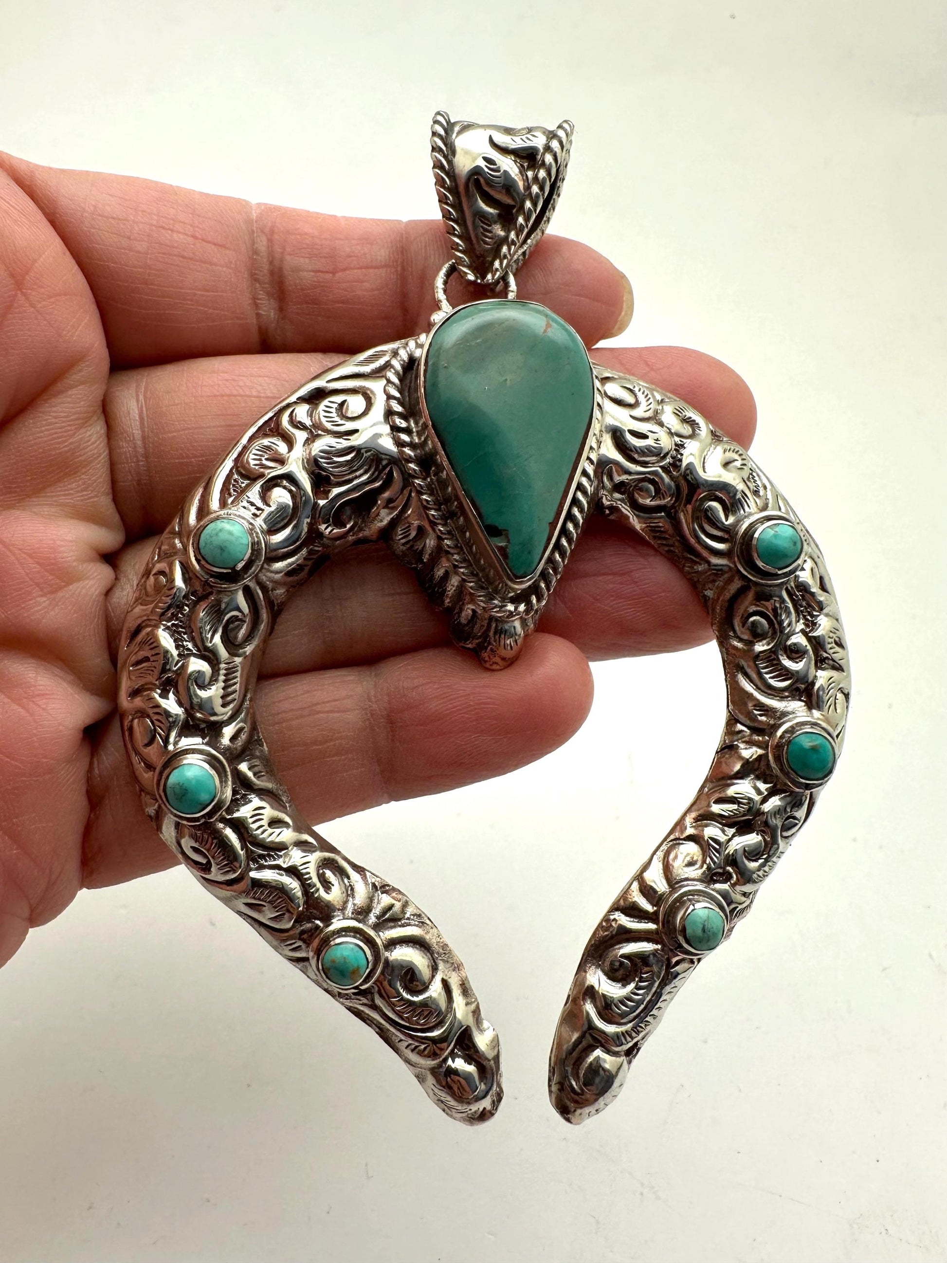 Natural turquoise squash blossom pendant, handcrafted, Tibetan repousse silver,87.5X66.6 mm