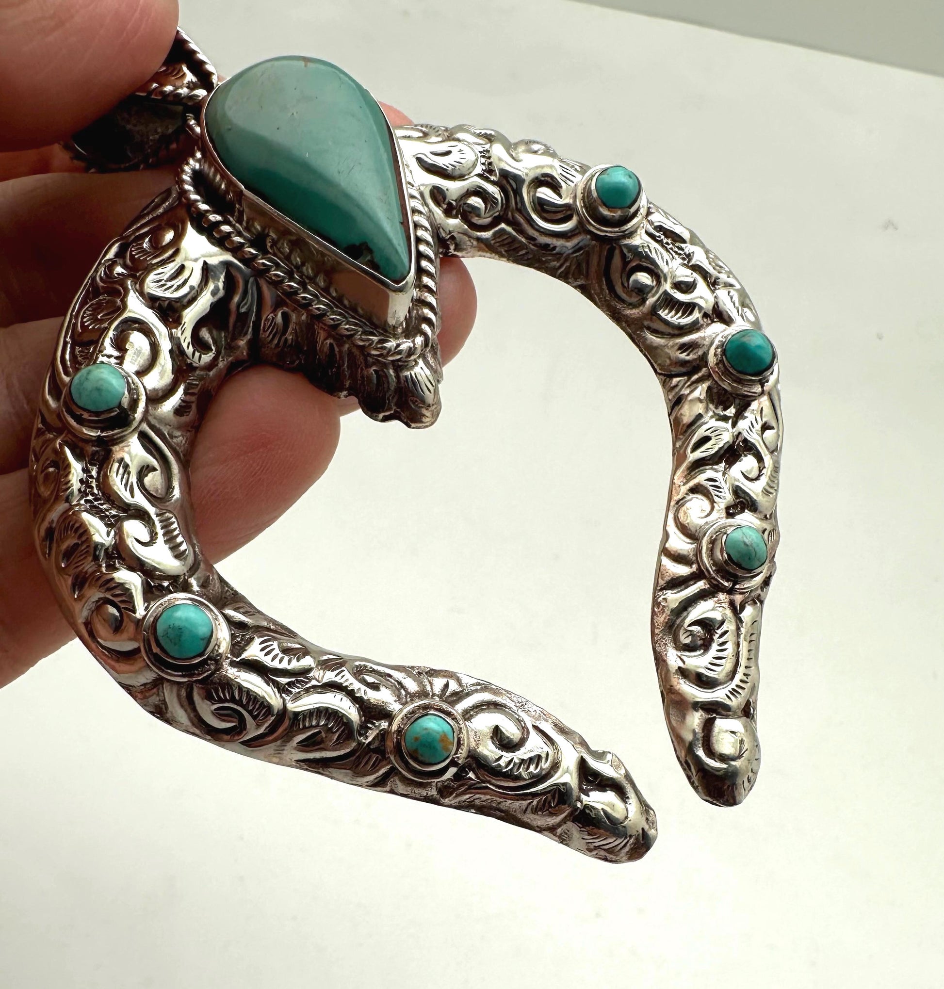 Natural turquoise squash blossom pendant, handcrafted, Tibetan repousse silver,87.5X66.6 mm