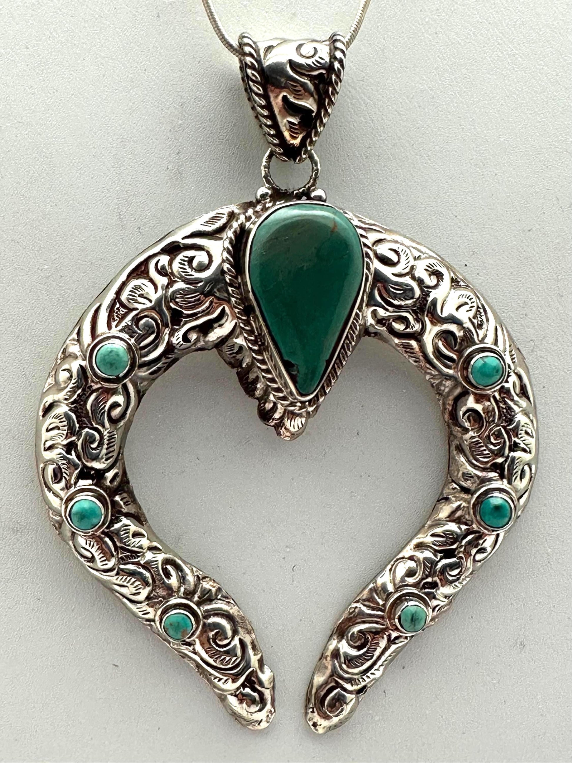 Natural turquoise squash blossom pendant, handcrafted, Tibetan repousse silver,87.5X66.6 mm