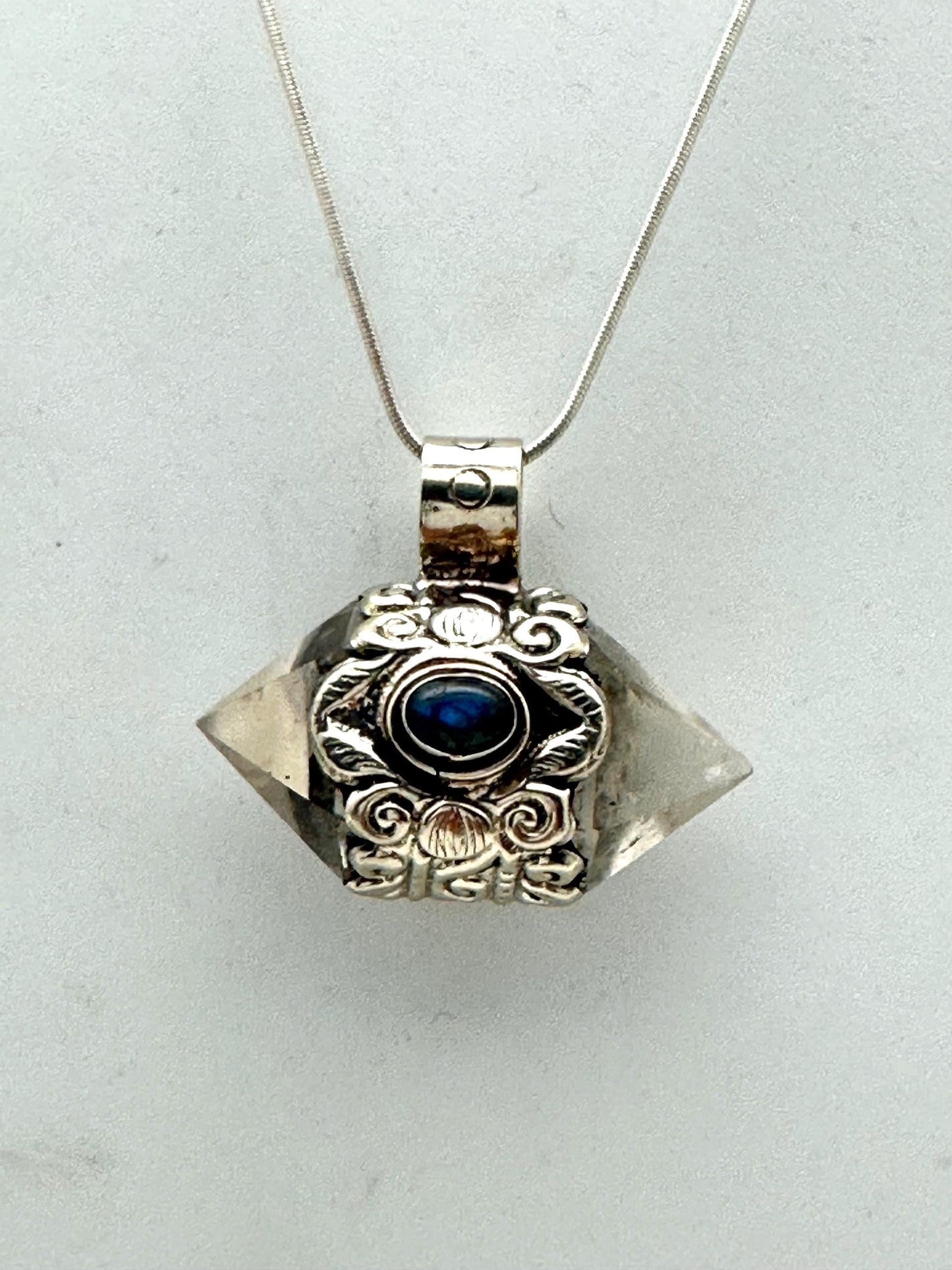 Handcrafted Quartz Double Point Pendant, Tibetan Repousse Silver, Labradorite (30mmX36mm)