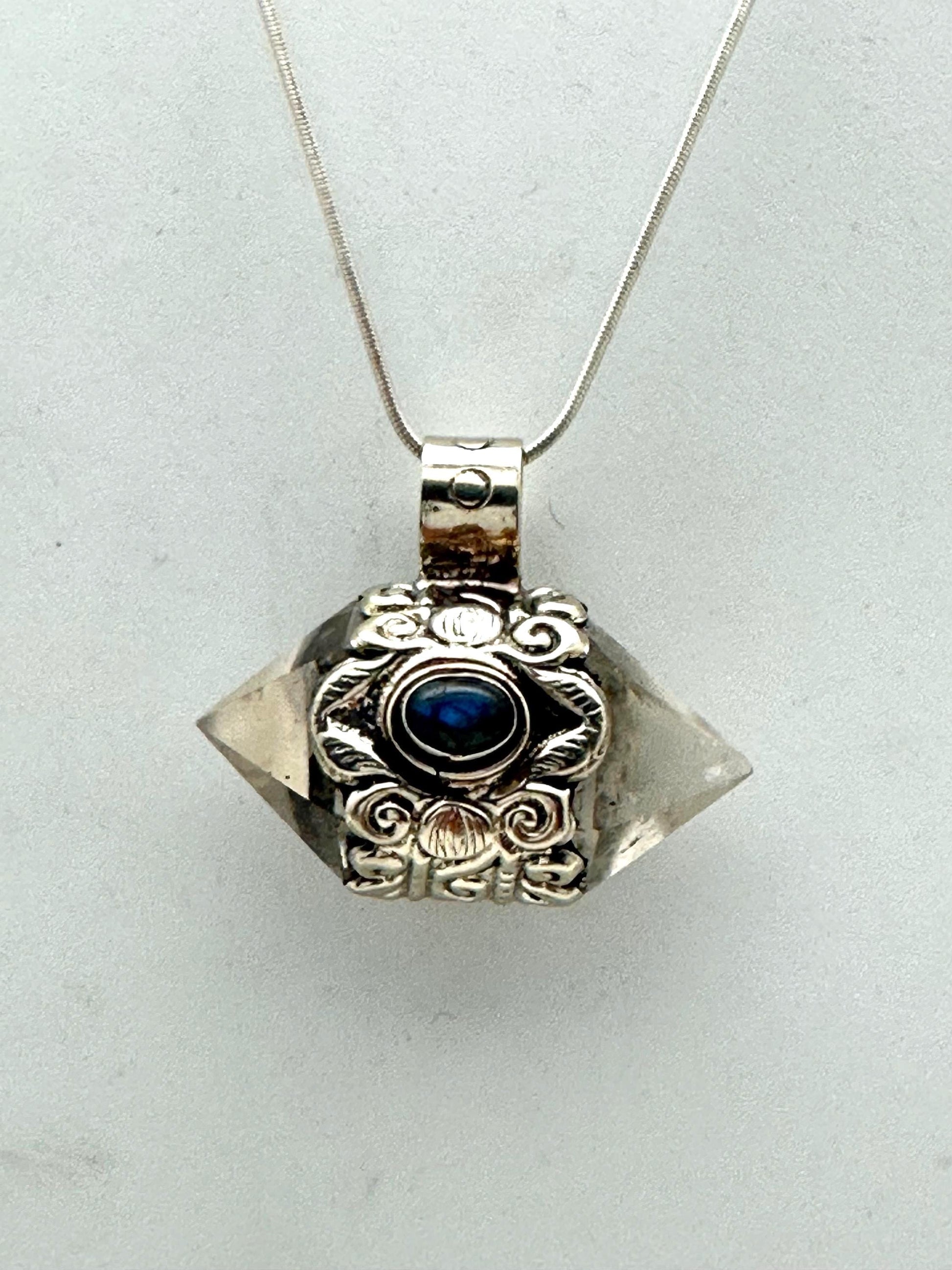 Handcrafted Quartz Double Point Pendant, Tibetan Repousse Silver, Labradorite (30mmX36mm)