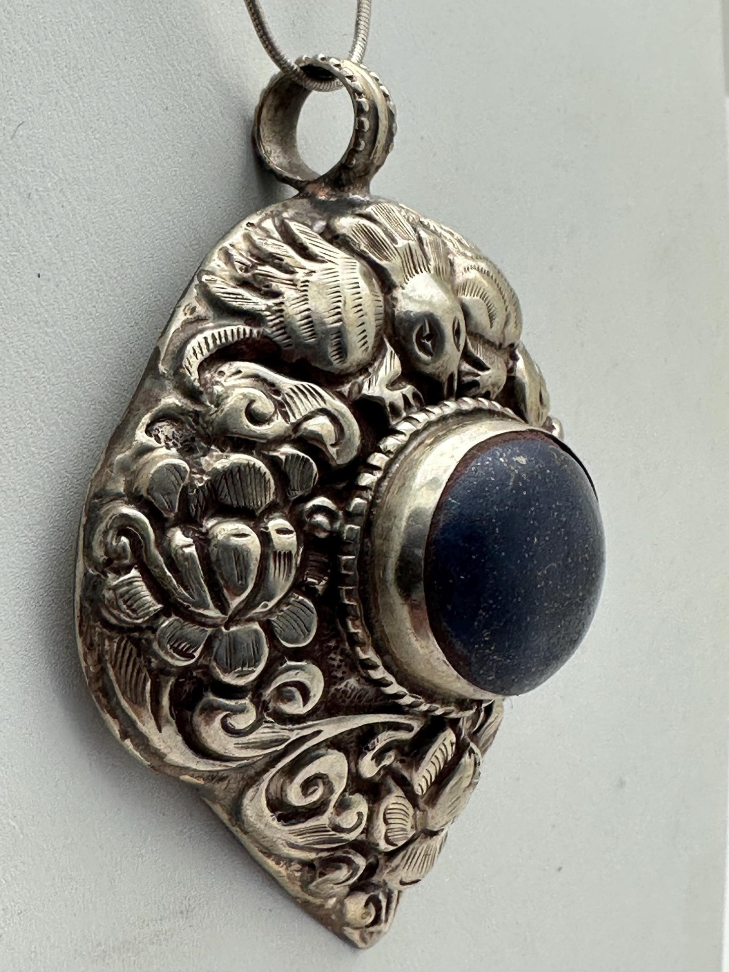 Large Lapis Lazuli Pendant, Tibetan Repousse Silver, handcrafted , Ethnic Bug Lotus Design,73.6X59.1mm