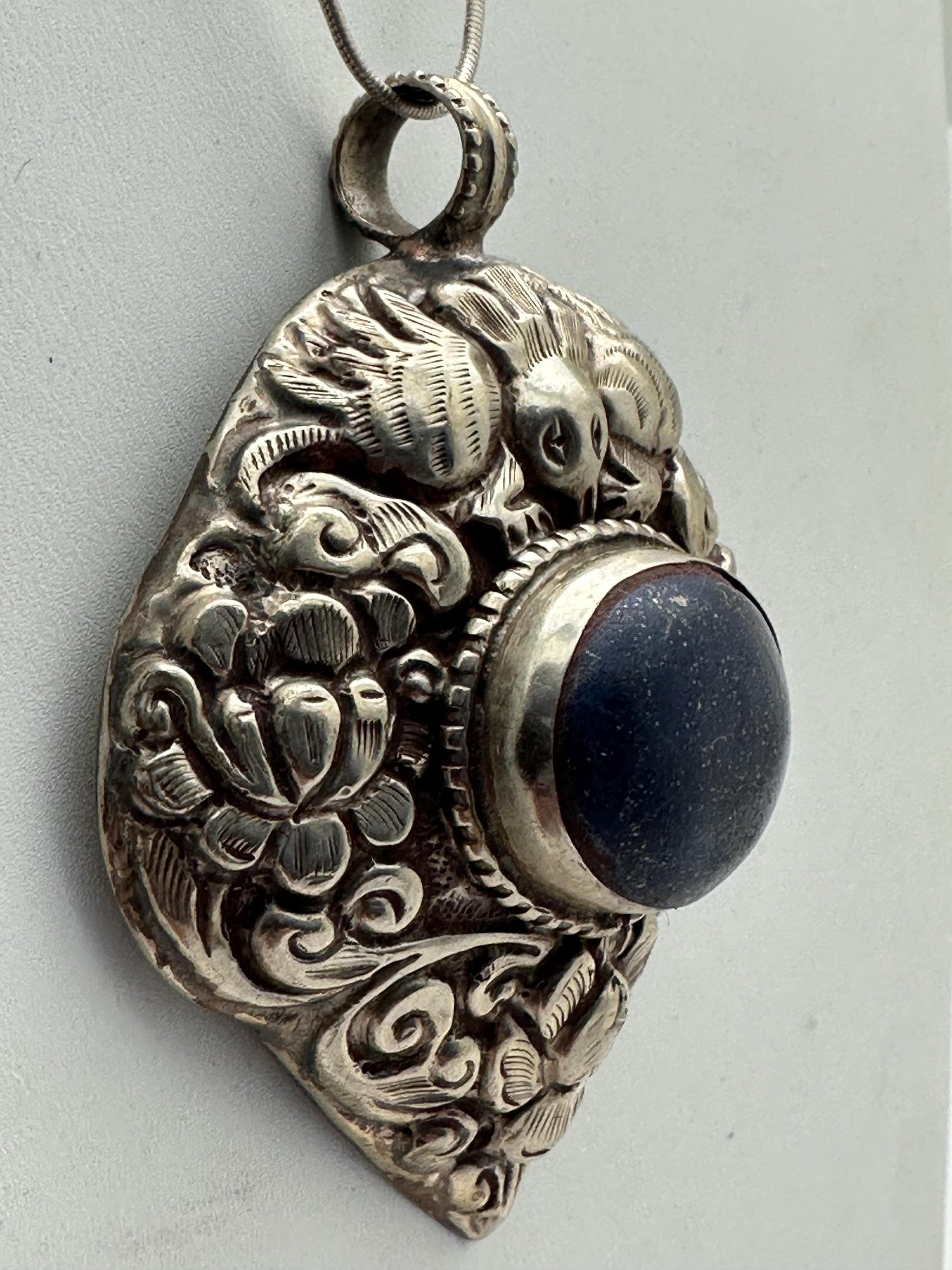 Large Lapis Lazuli Pendant, Tibetan Repousse Silver, handcrafted , Ethnic Bug Lotus Design,73.6X59.1mm