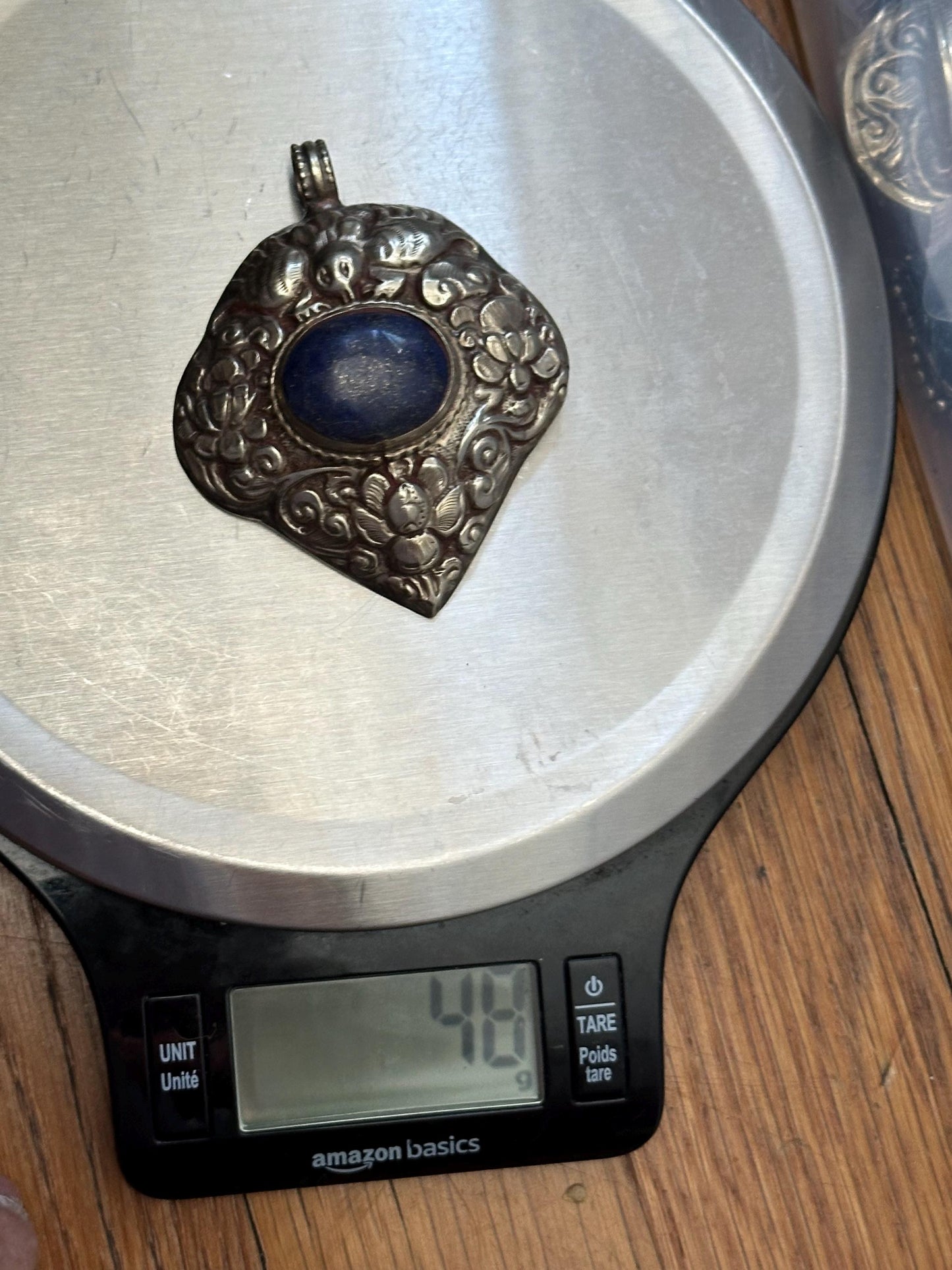 Large Lapis Lazuli Pendant, Tibetan Repousse Silver, handcrafted , Ethnic Bug Lotus Design,73.6X59.1mm