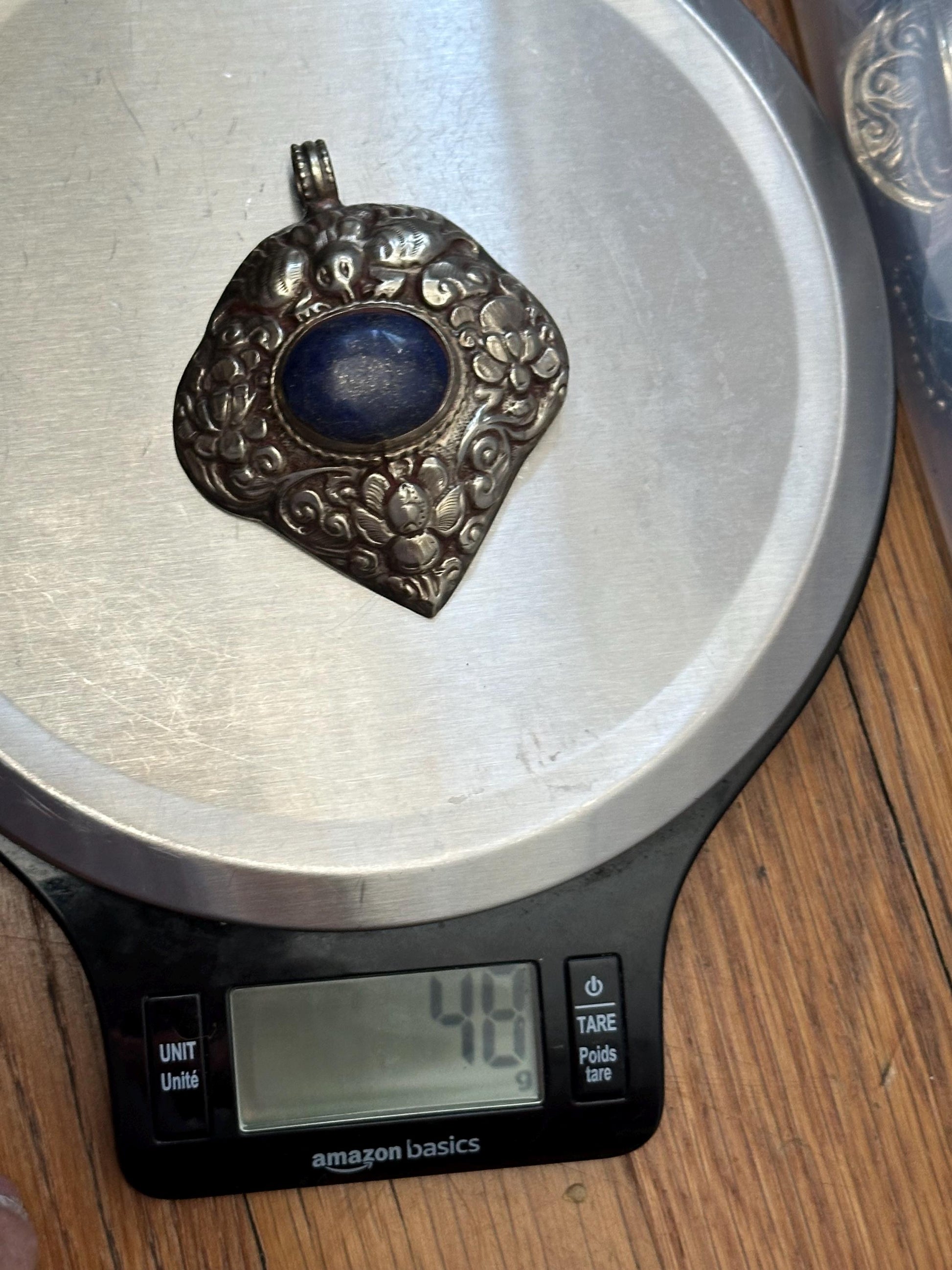 Large Lapis Lazuli Pendant, Tibetan Repousse Silver, handcrafted , Ethnic Bug Lotus Design,73.6X59.1mm