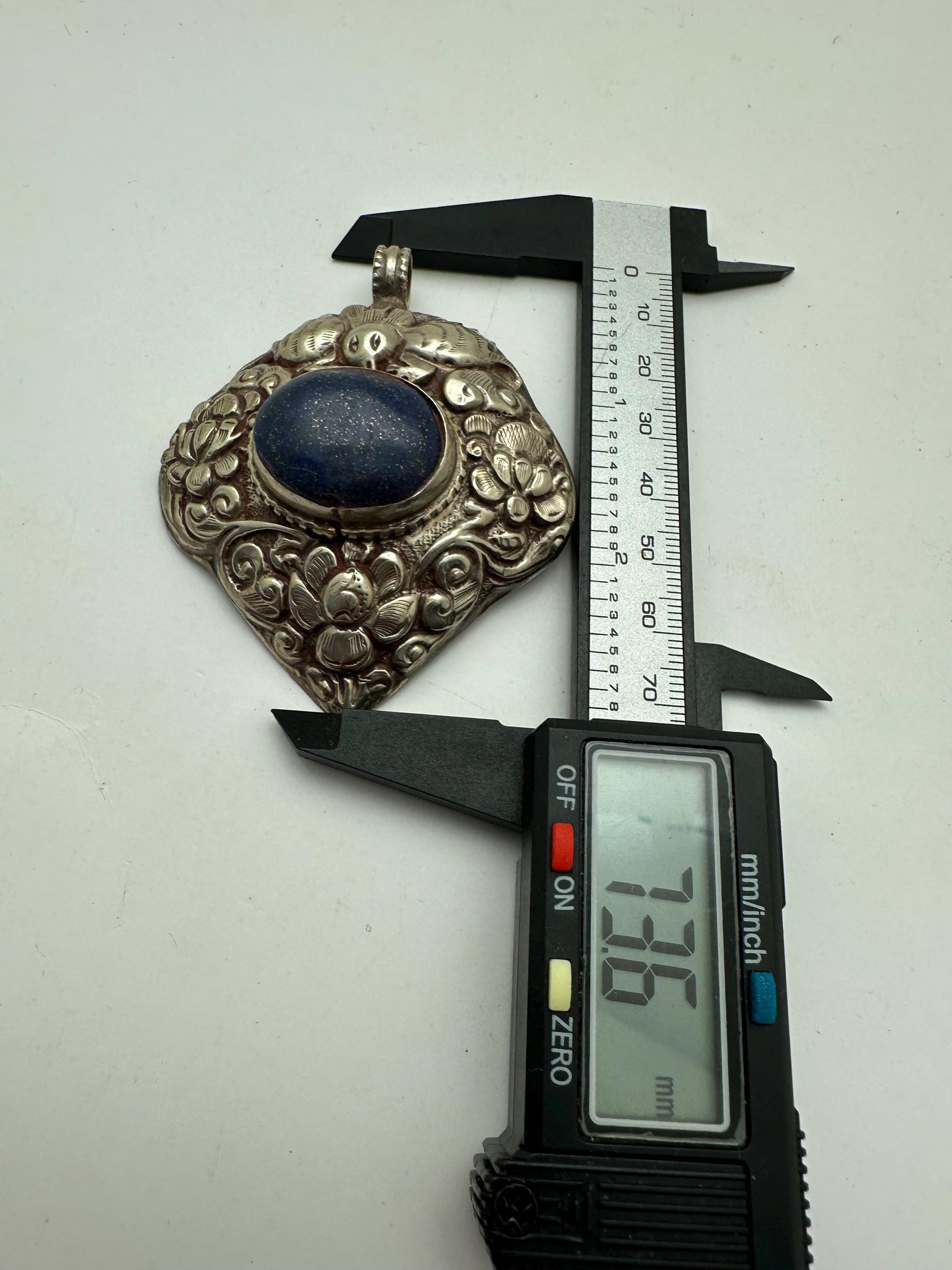 Large Lapis Lazuli Pendant, Tibetan Repousse Silver, handcrafted , Ethnic Bug Lotus Design,73.6X59.1mm