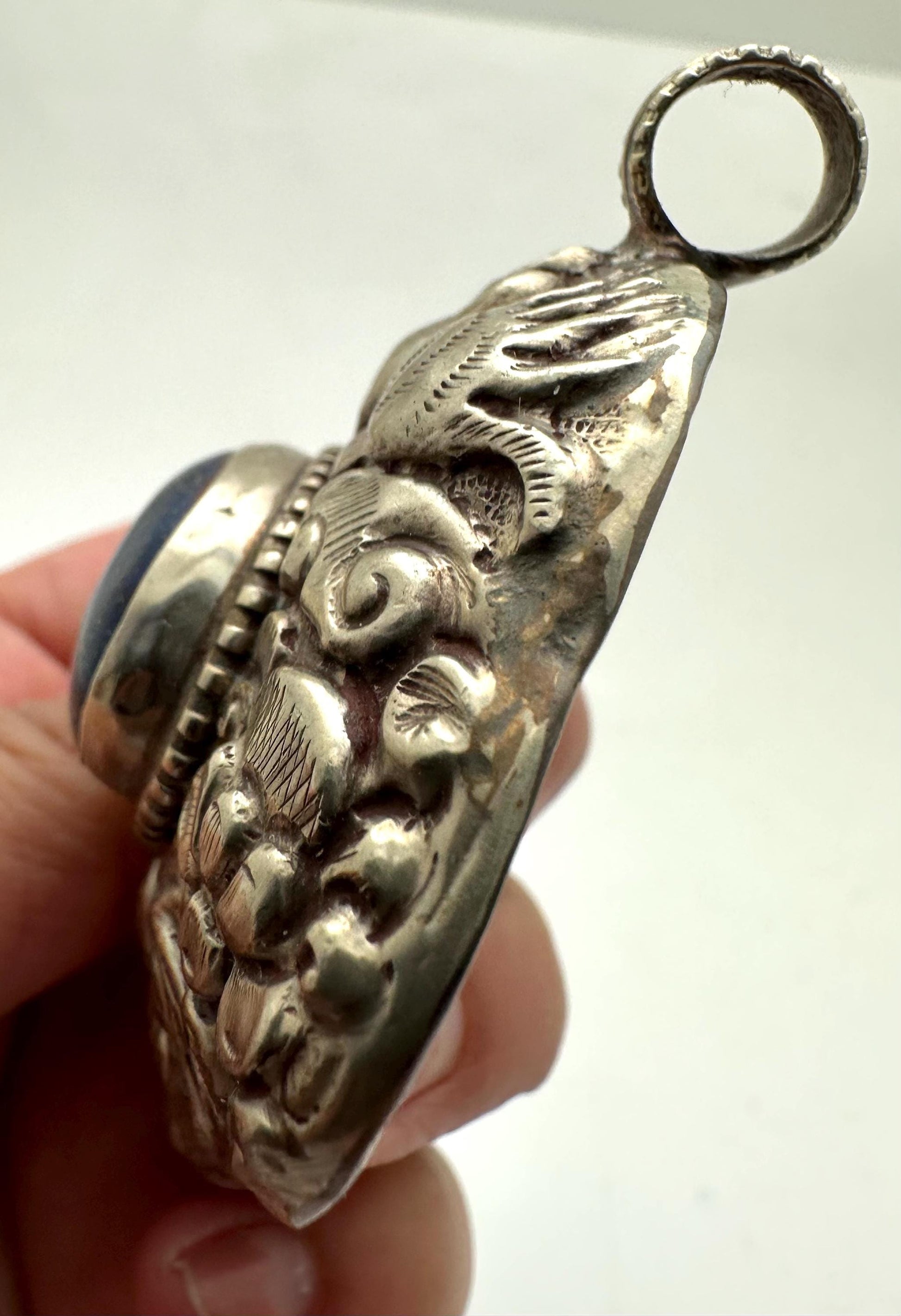 Large Lapis Lazuli Pendant, Tibetan Repousse Silver, handcrafted , Ethnic Bug Lotus Design,73.6X59.1mm