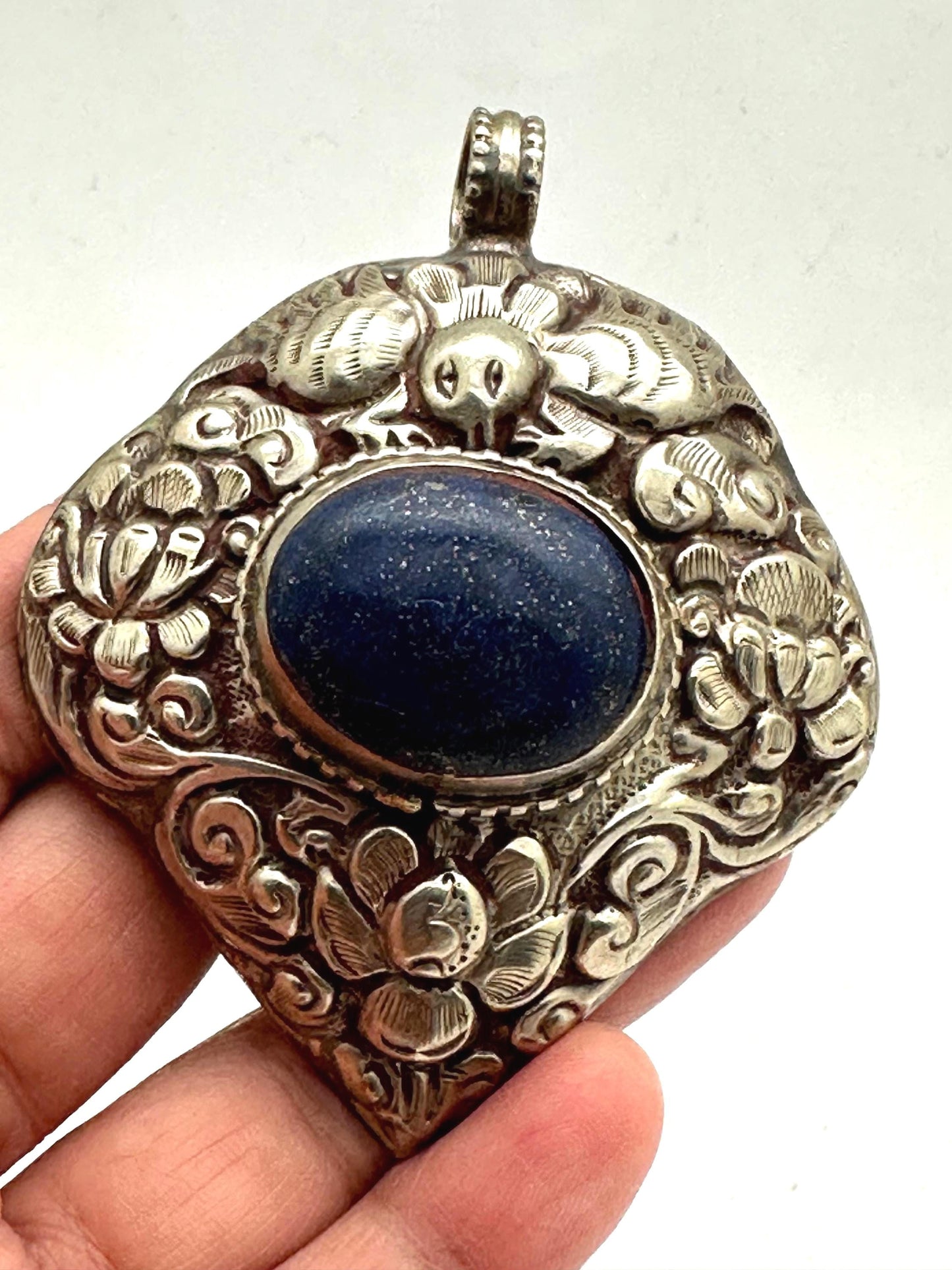 Large Lapis Lazuli Pendant, Tibetan Repousse Silver, handcrafted , Ethnic Bug Lotus Design,73.6X59.1mm