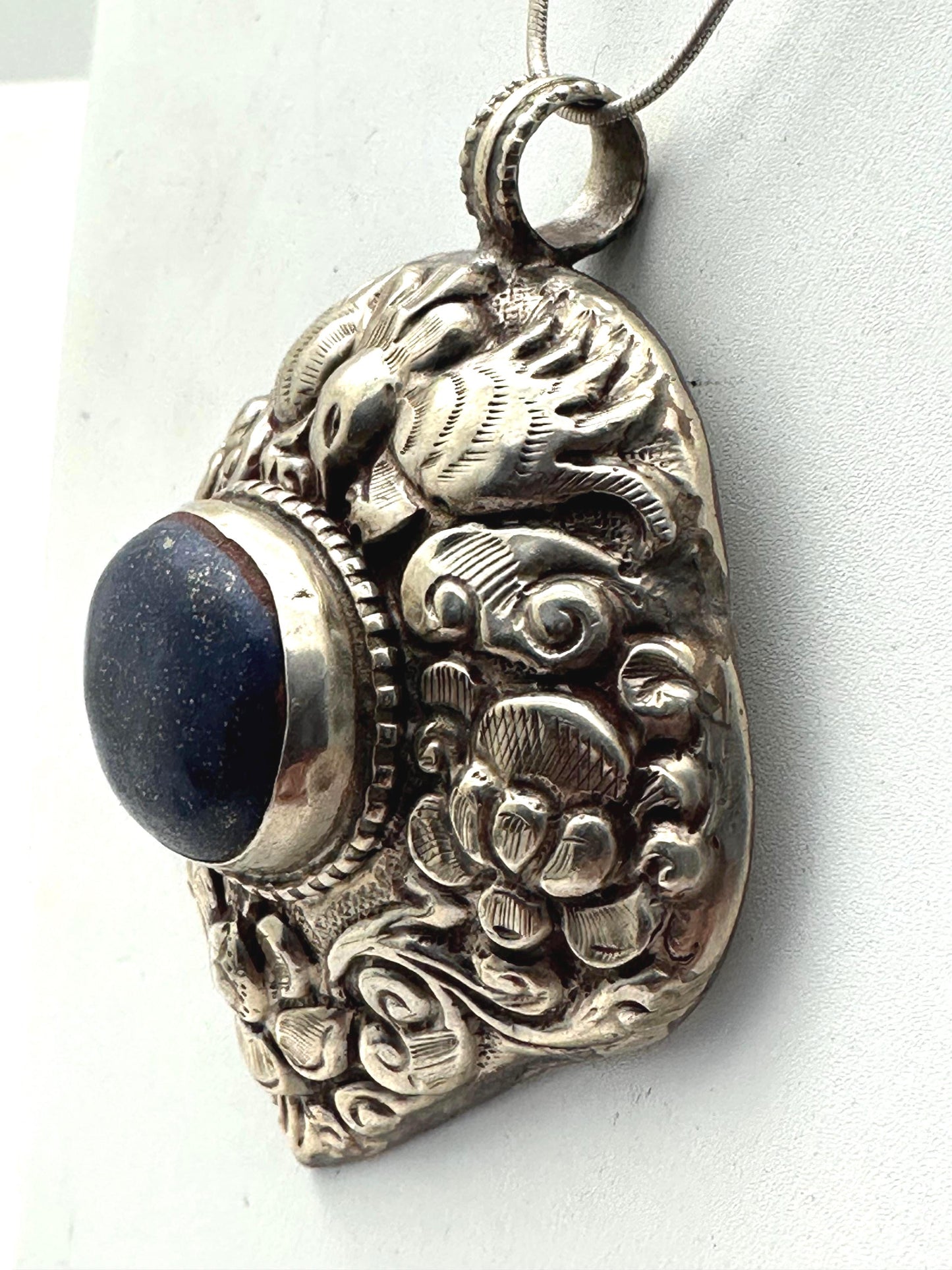 Large Lapis Lazuli Pendant, Tibetan Repousse Silver, handcrafted , Ethnic Bug Lotus Design,73.6X59.1mm