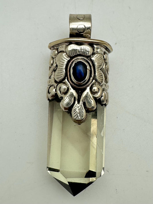citrine point pendant, handcrafted, Tibetan silver, lapis, 58mmX16mm, weighs about 25gm