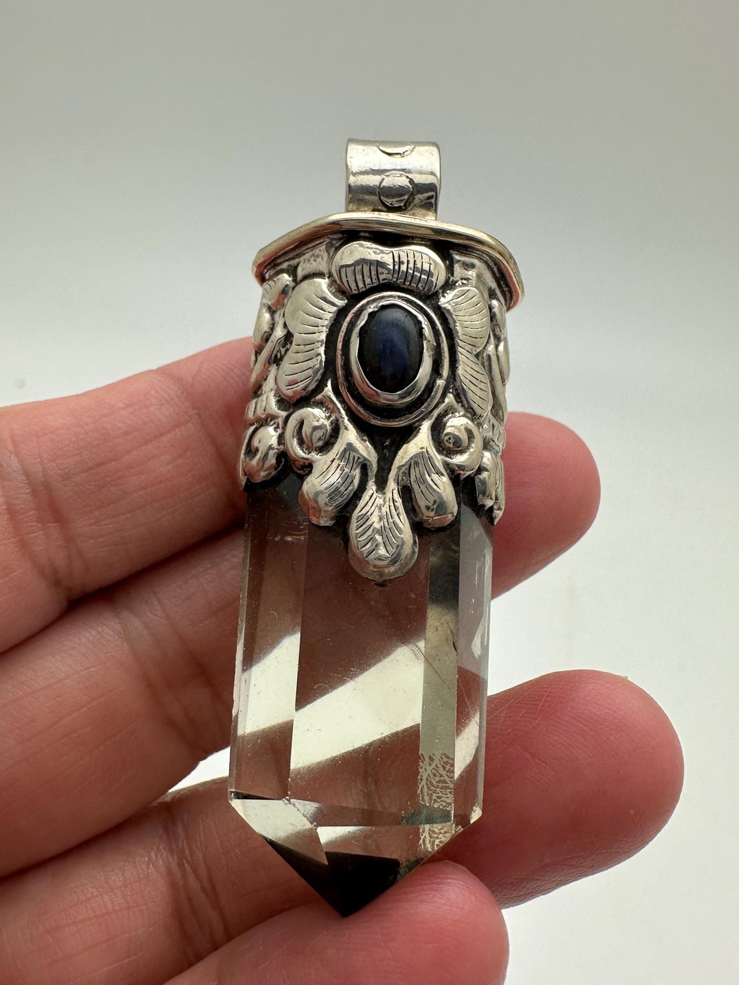 citrine point pendant, handcrafted, Tibetan silver, lapis, 58mmX16mm, weighs about 25gm