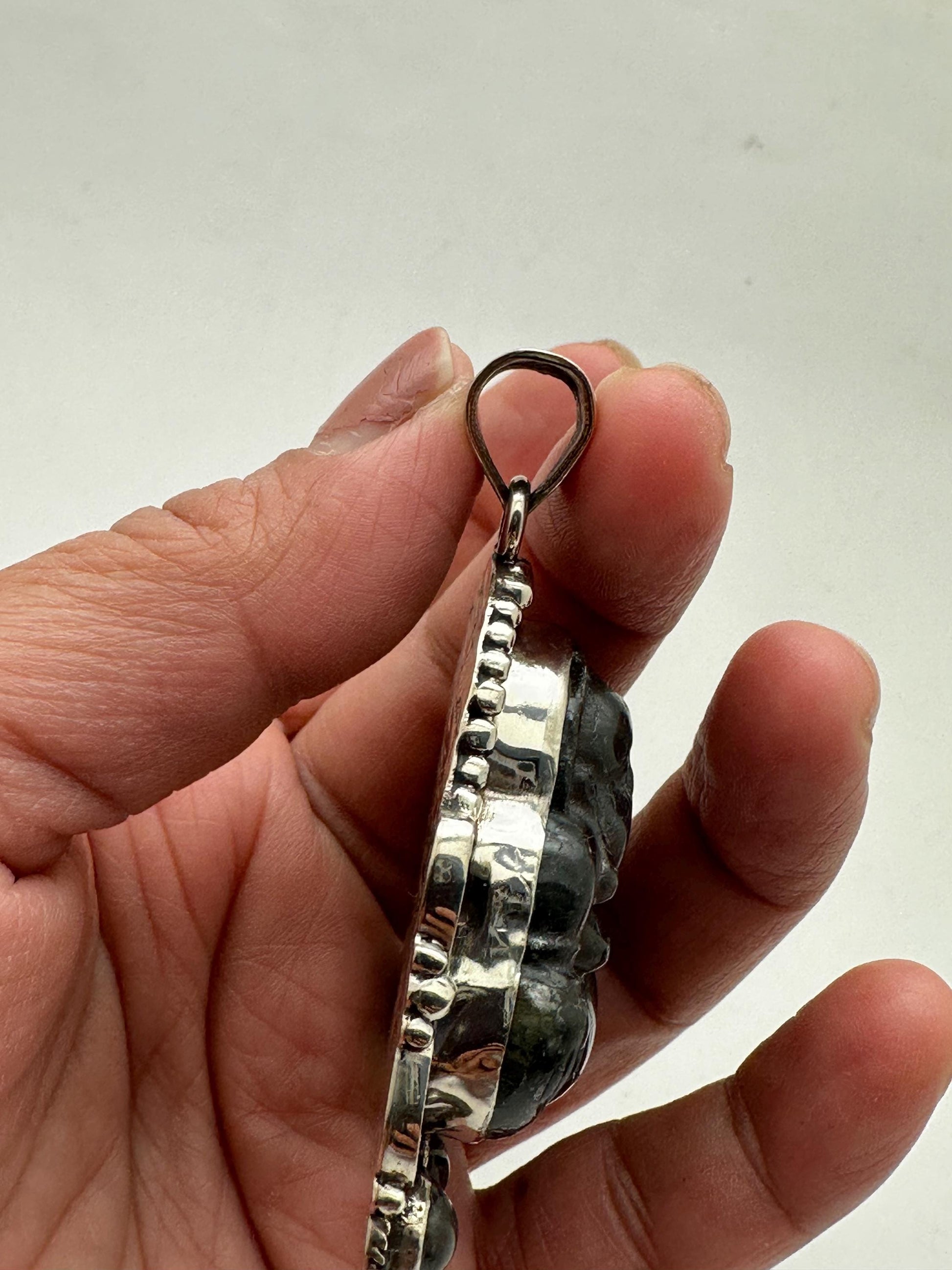 Carved Labradorite Laughing Buddha Pendant, Tibetan Silver Amulet, Luck Prosperity (67mmX46mm)
