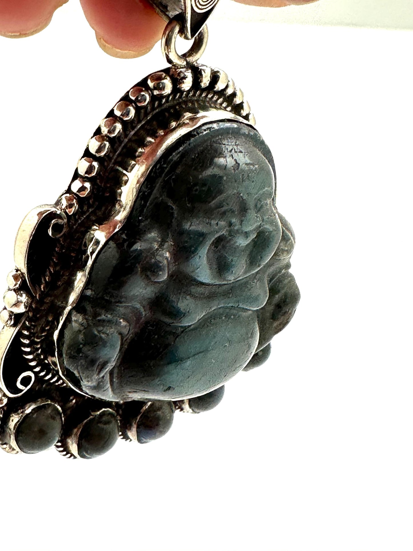 Carved Labradorite Laughing Buddha Pendant, Tibetan Silver Amulet, Luck Prosperity (67mmX46mm)