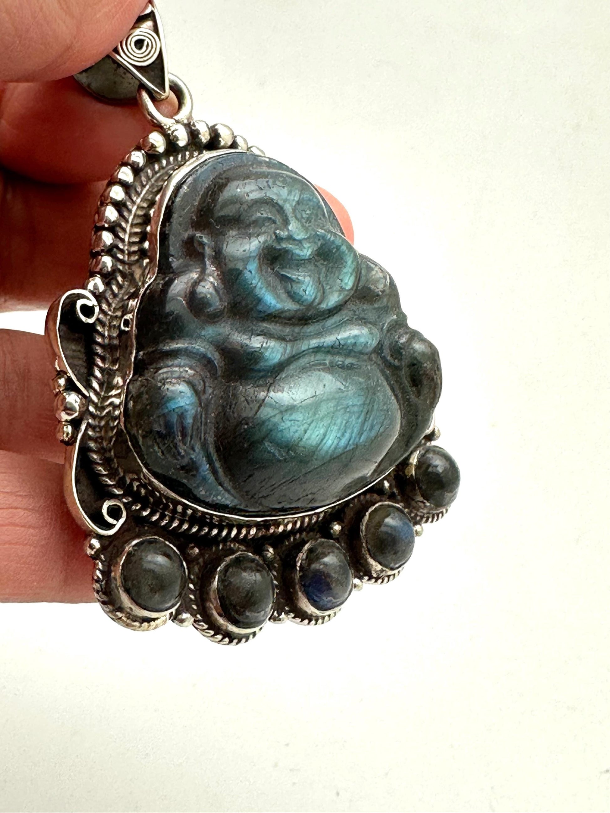 Carved Labradorite Laughing Buddha Pendant, Tibetan Silver Amulet, Luck Prosperity (67mmX46mm)