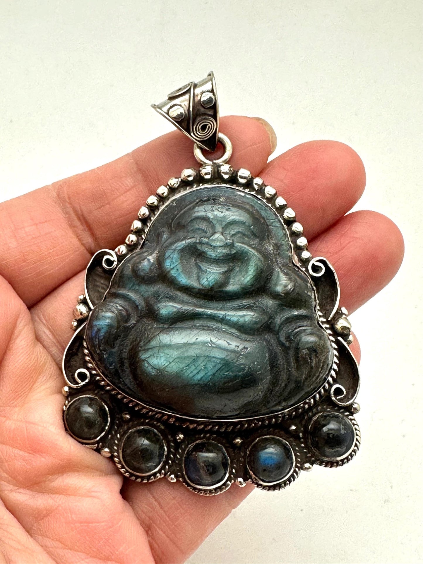 Carved Labradorite Laughing Buddha Pendant, Tibetan Silver Amulet, Luck Prosperity (67mmX46mm)