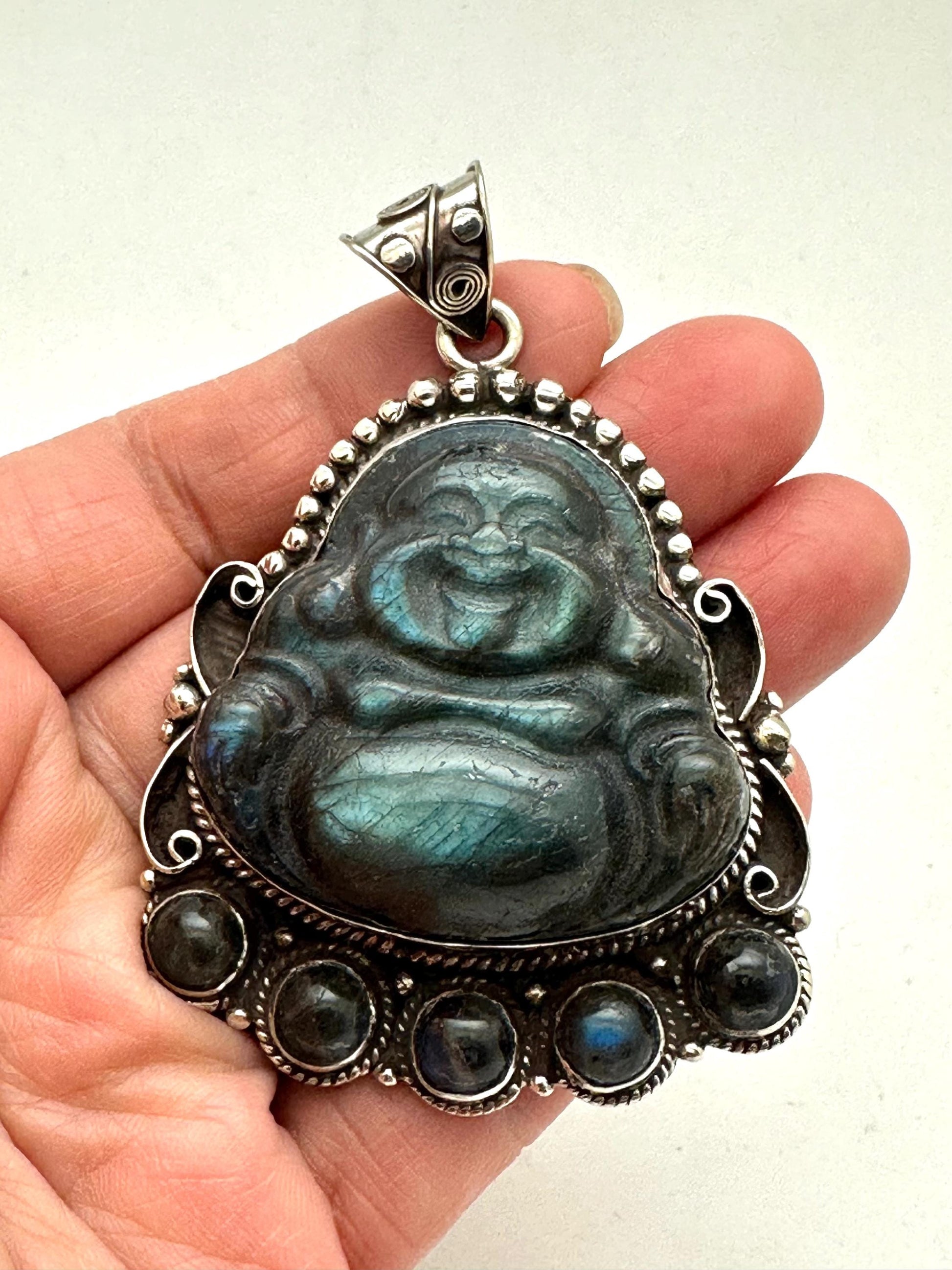 Carved Labradorite Laughing Buddha Pendant, Tibetan Silver Amulet, Luck Prosperity (67mmX46mm)