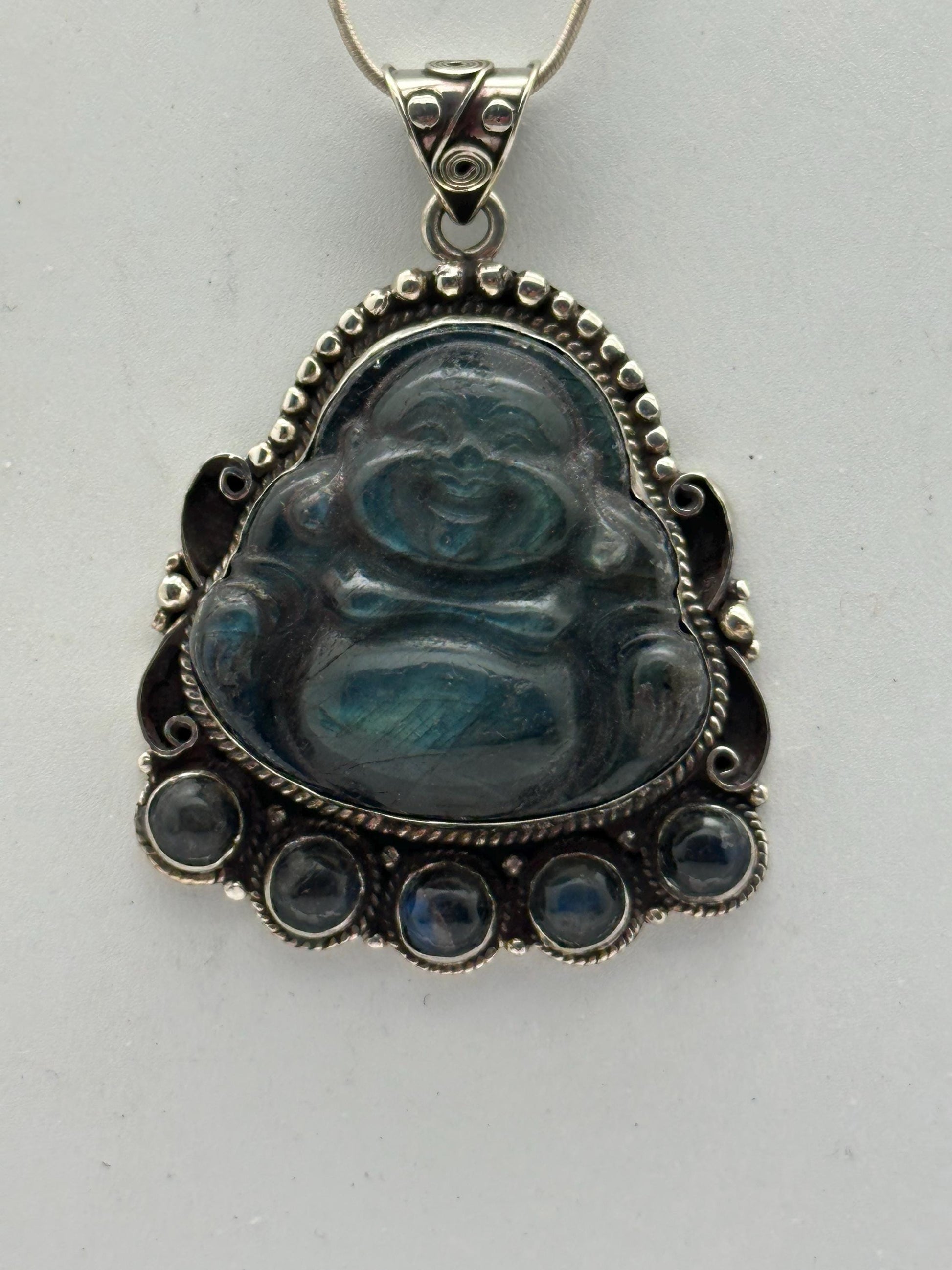 Carved Labradorite Laughing Buddha Pendant, Tibetan Silver Amulet, Luck Prosperity (67mmX46mm)