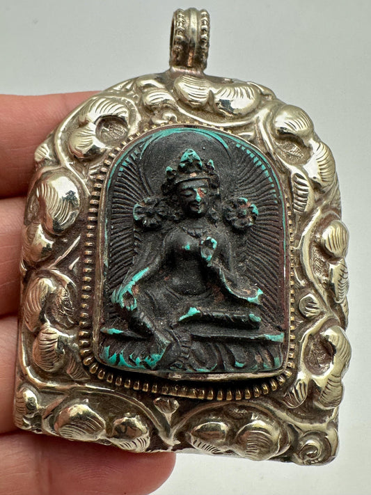 Green Tara,Handcrafted,Tibetan silver, amulet,resin turquoise, repousse silver,69mmX49mm