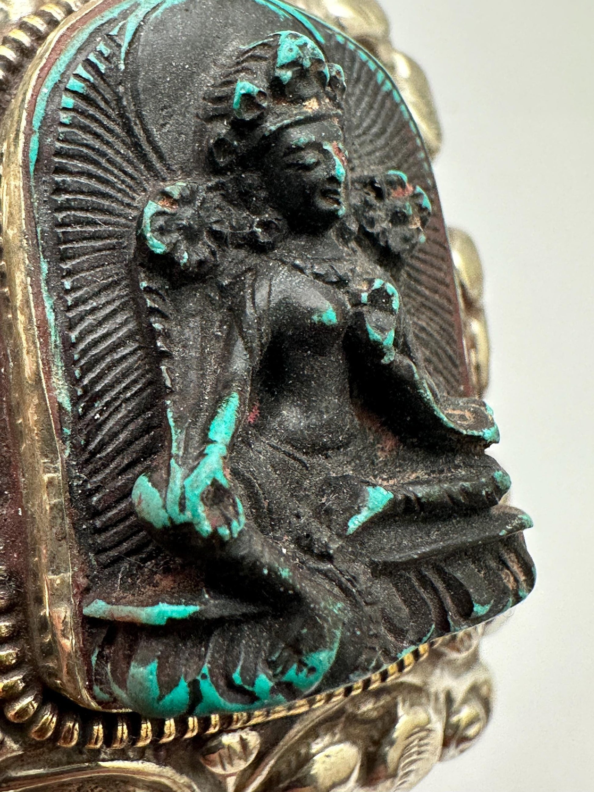 Green Tara,Handcrafted,Tibetan silver, amulet,resin turquoise, repousse silver,69mmX49mm