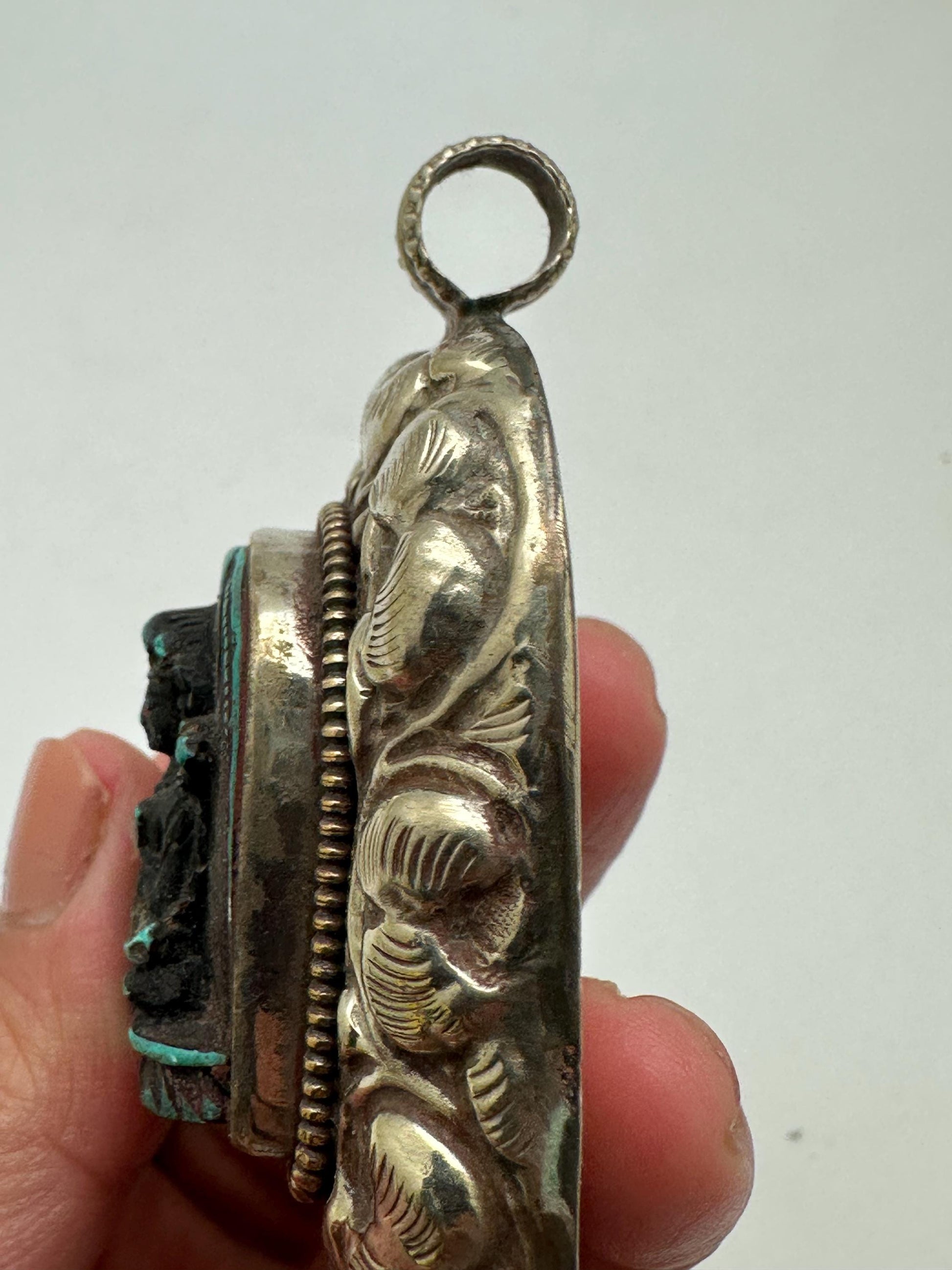 Green Tara,Handcrafted,Tibetan silver, amulet,resin turquoise, repousse silver,69mmX49mm