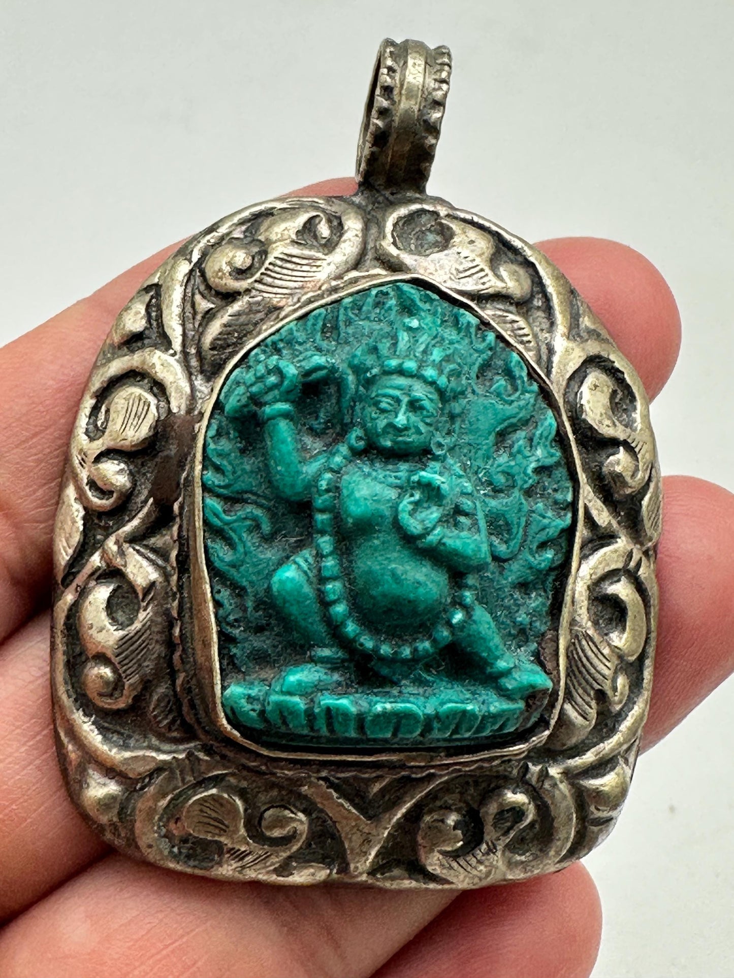 Vajrapani Pendant, Tibetan Silver, Resin Turquoise, Handcrafted Nepal (54mmX38.7mm)