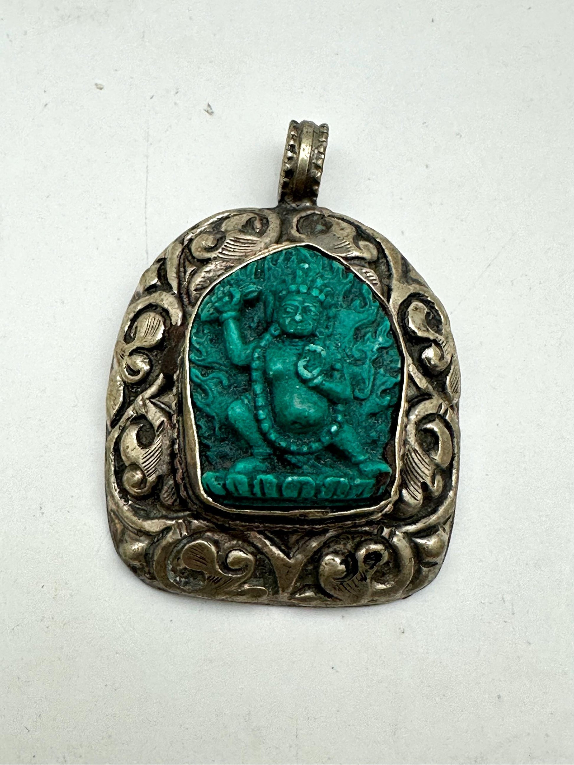 Vajrapani Pendant, Tibetan Silver, Resin Turquoise, Handcrafted Nepal (54mmX38.7mm)