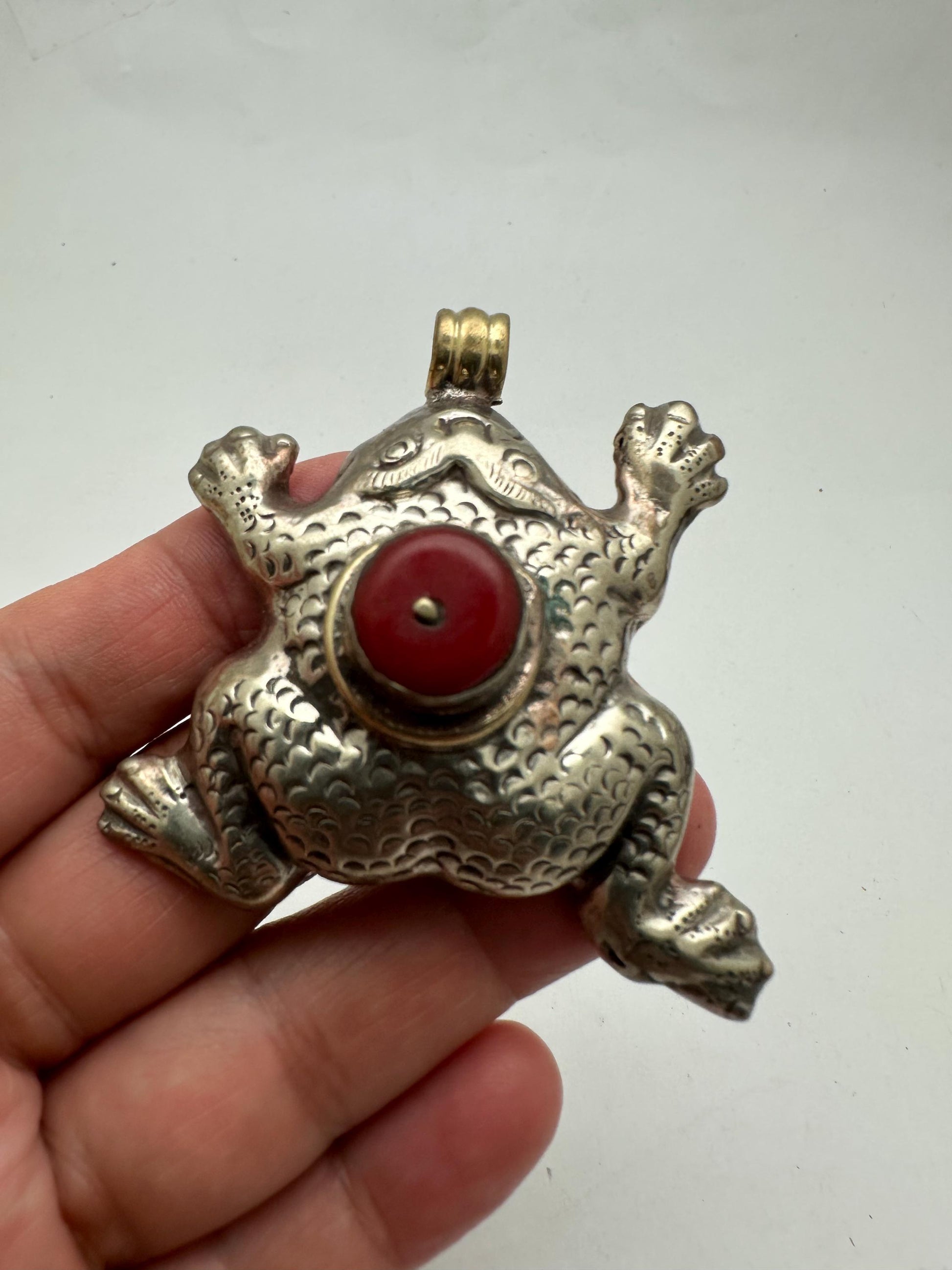 frog pendant, handcrafted,Tibetan repose silver, black onyx, coral, Emerald,animal lover,59mmX55mm