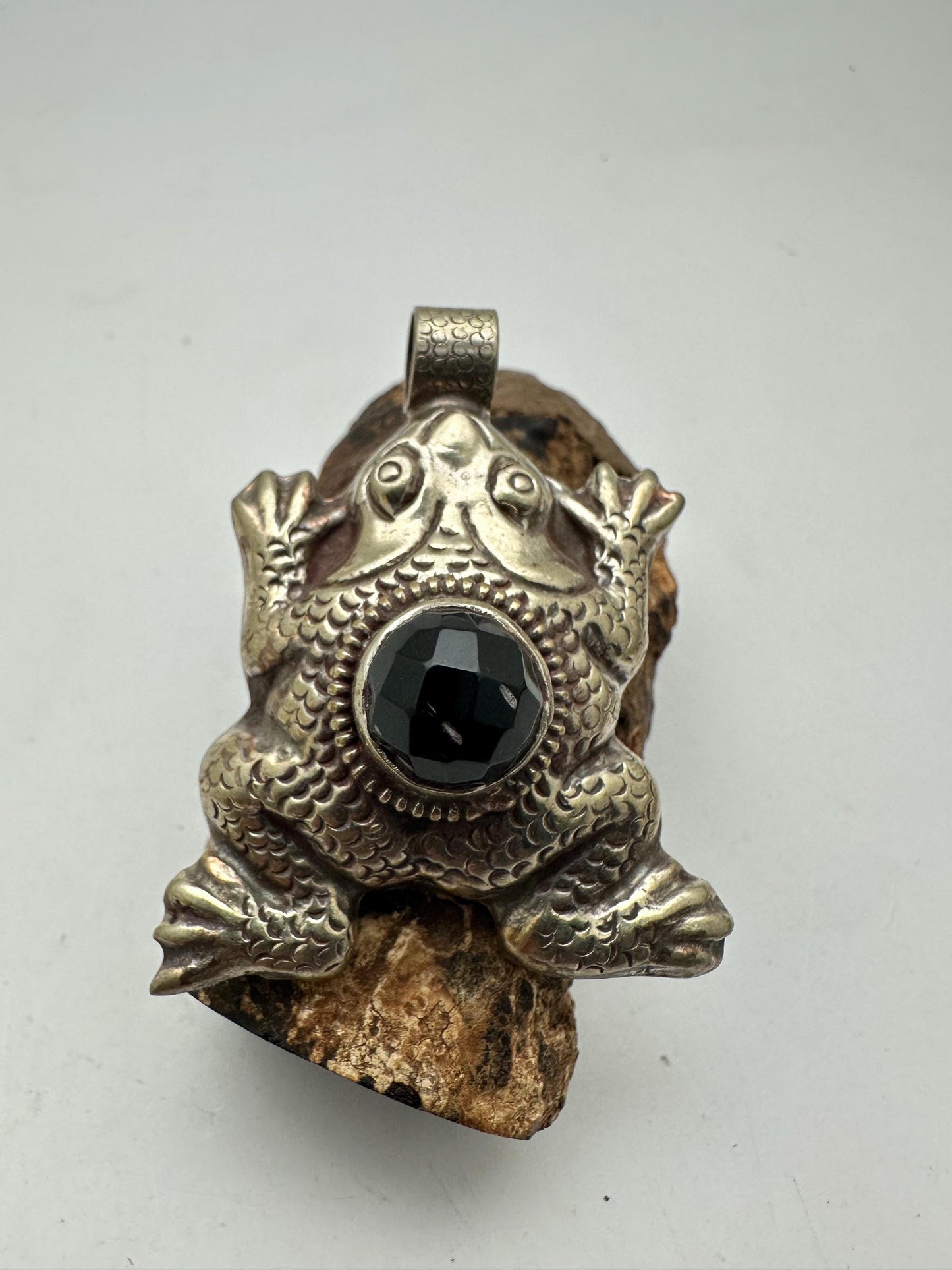 frog pendant, handcrafted,Tibetan repose silver, black onyx, coral, Emerald,animal lover,59mmX55mm