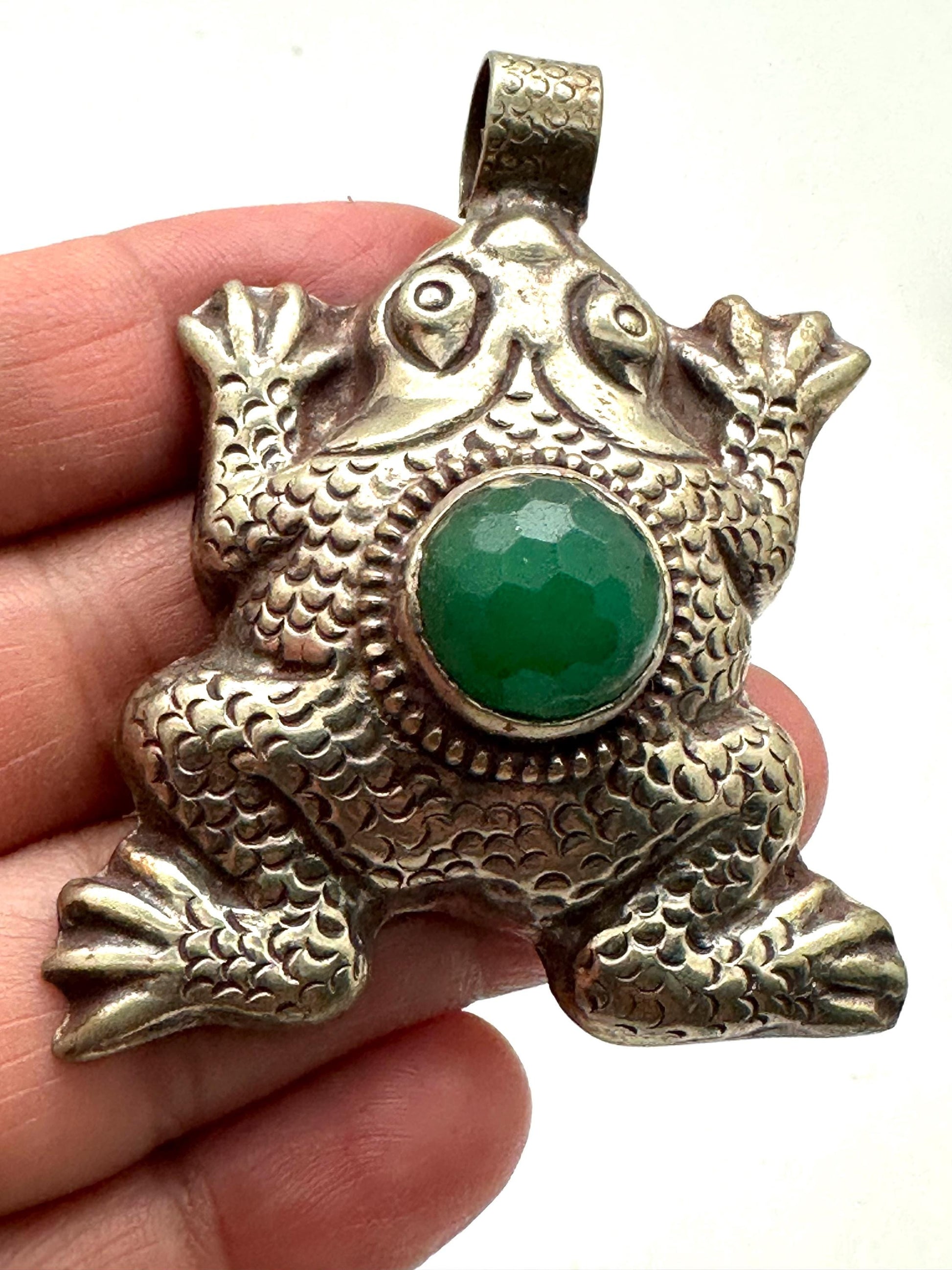 frog pendant, handcrafted,Tibetan repose silver, black onyx, coral, Emerald,animal lover,59mmX55mm