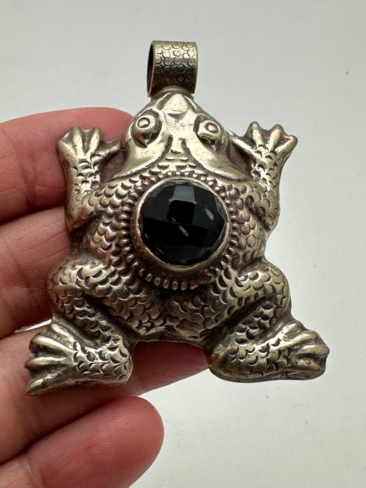 frog pendant, handcrafted,Tibetan repose silver, black onyx, coral, Emerald,animal lover,59mmX55mm