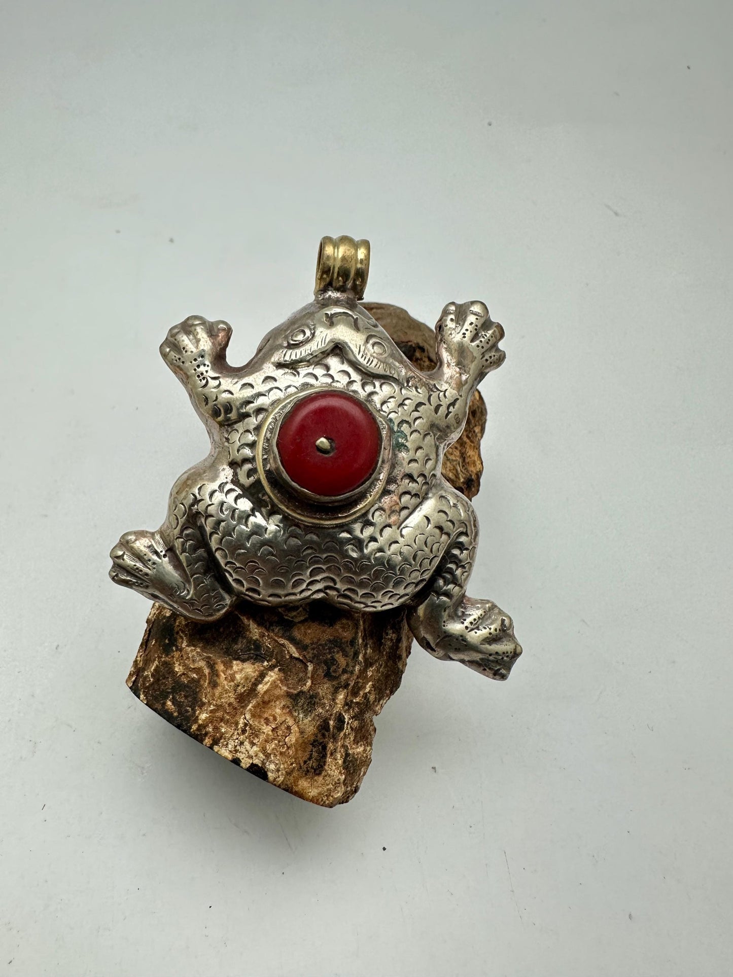 frog pendant, handcrafted,Tibetan repose silver, black onyx, coral, Emerald,animal lover,59mmX55mm