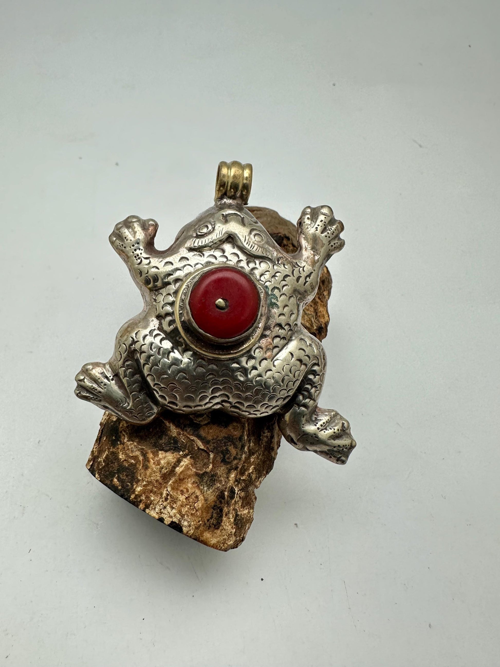 frog pendant, handcrafted,Tibetan repose silver, black onyx, coral, Emerald,animal lover,59mmX55mm