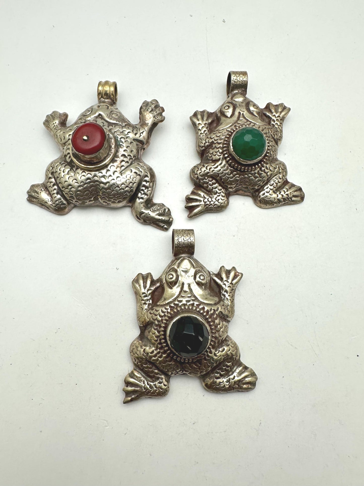 frog pendant, handcrafted,Tibetan repose silver, black onyx, coral, Emerald,animal lover,59mmX55mm