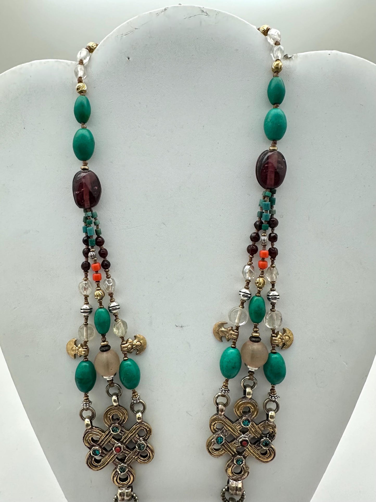Multi-Strand Turquoise Coral Quartz Necklace, Handcrafted Brass Tibetan Silver Statement Jewelry