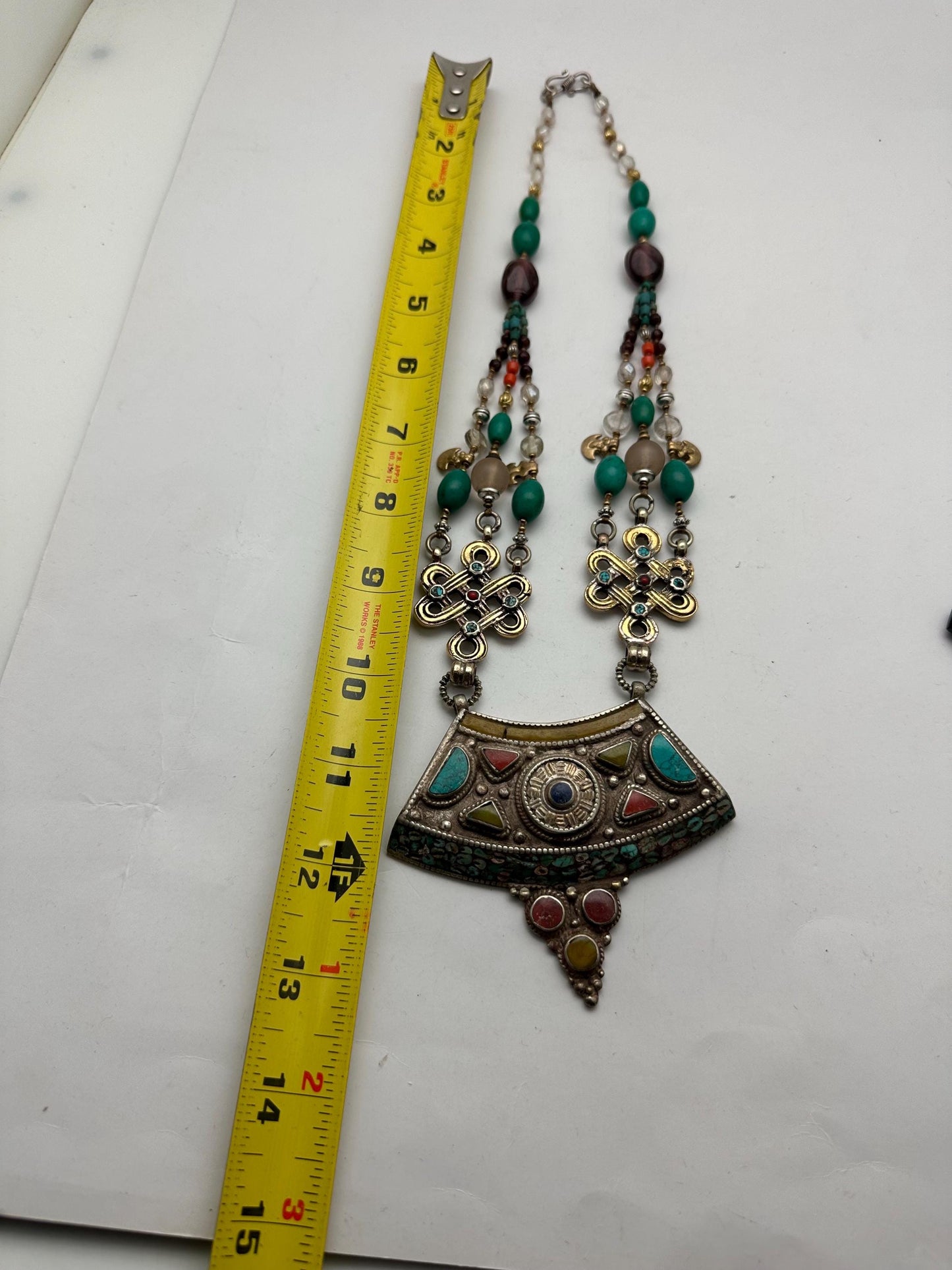 Multi-Strand Turquoise Coral Quartz Necklace, Handcrafted Brass Tibetan Silver Statement Jewelry
