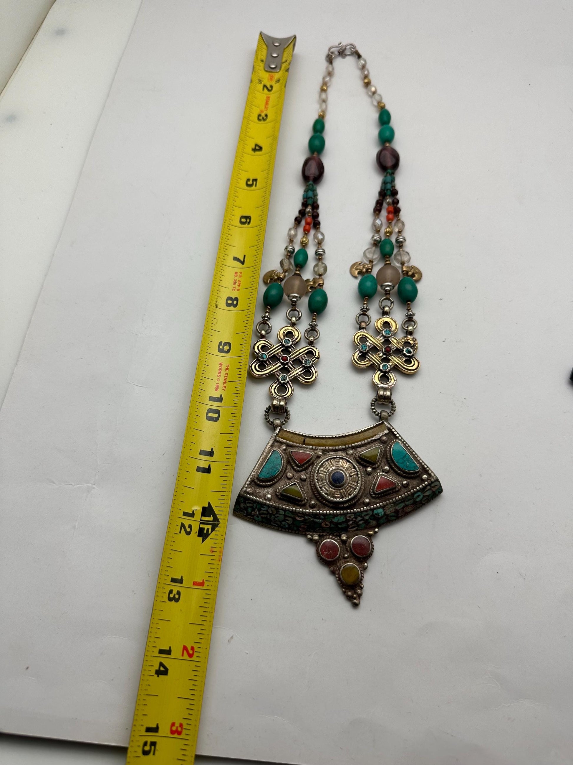 Multi-Strand Turquoise Coral Quartz Necklace, Handcrafted Brass Tibetan Silver Statement Jewelry