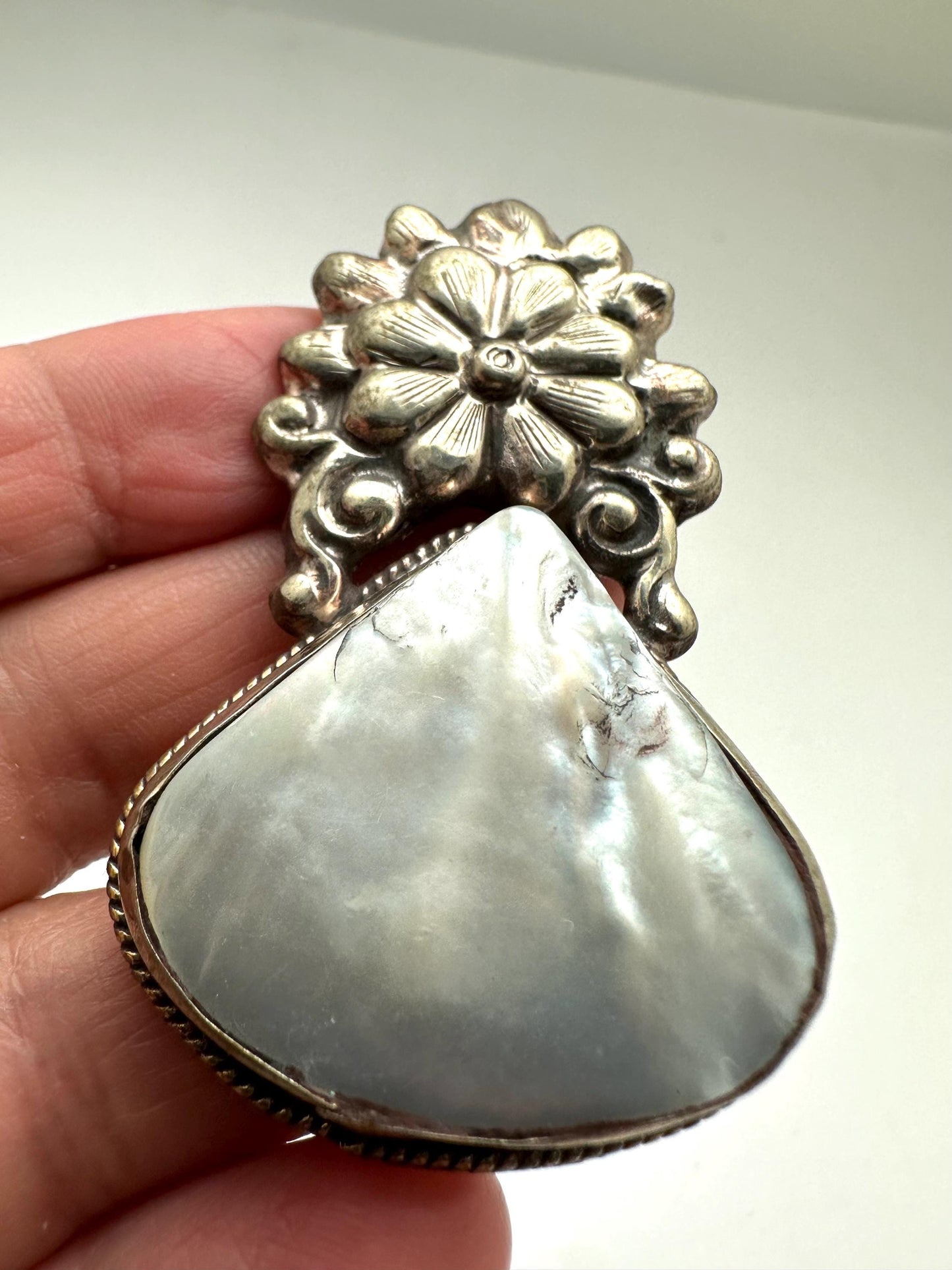 Abalone , Tibetan Repousse silver,floral,handcrafted,etnic style,Nepalese